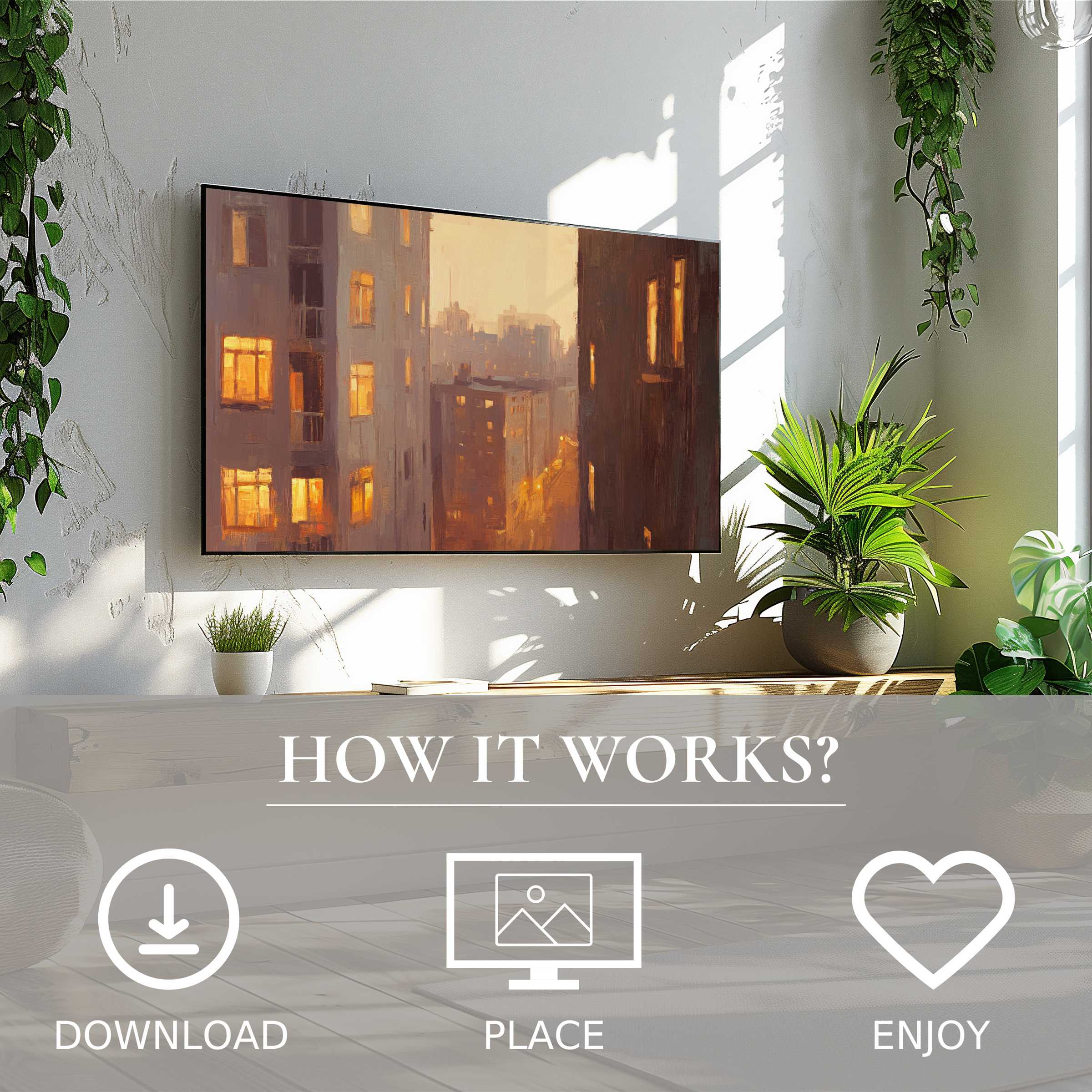Urban art for Samsung TV: easy digital download, warm sunset cityscape enriching modern living spaces with natural light