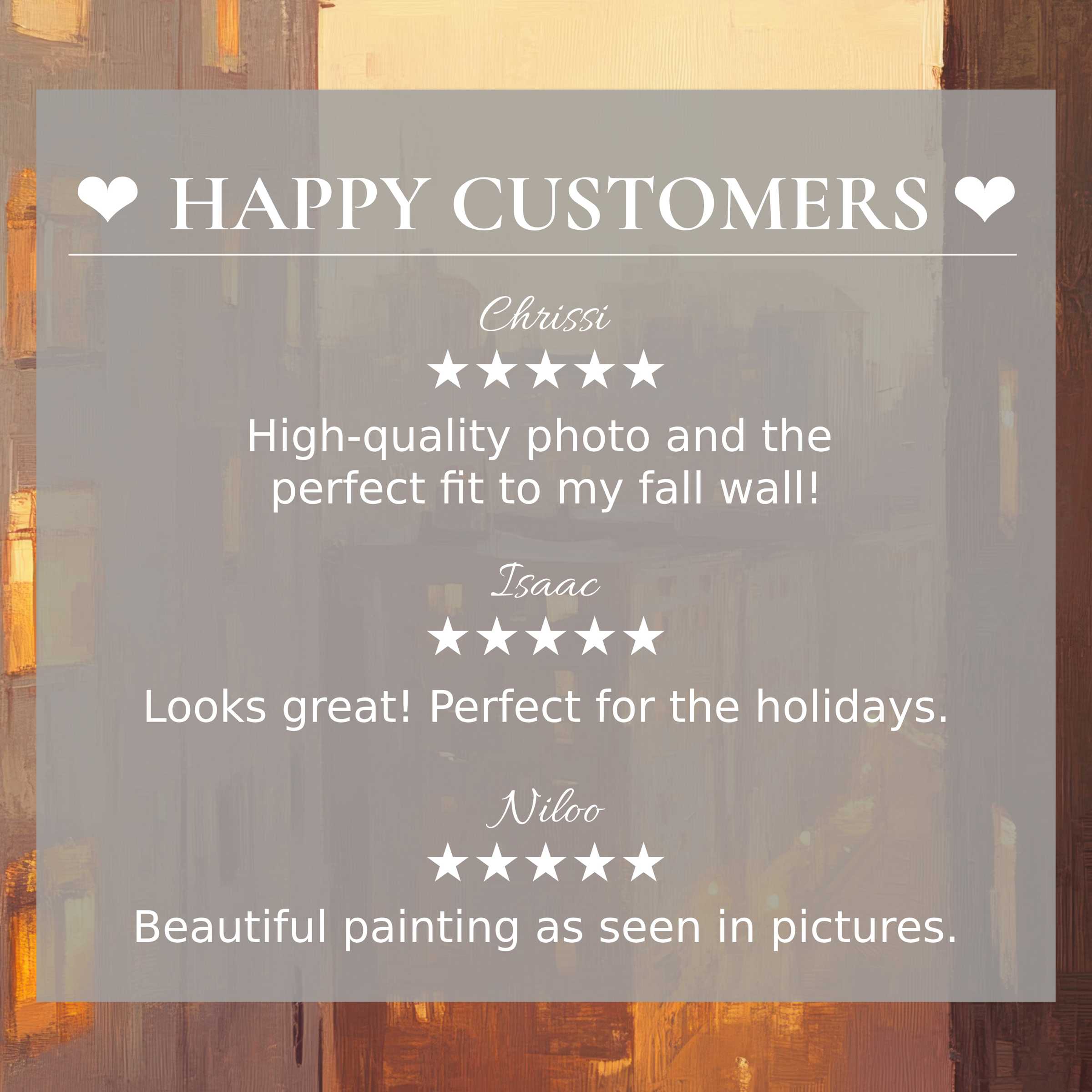 Urban art for Frame TV with abstract sunset hues, highlighting happy customer reviews and elegant visual trust