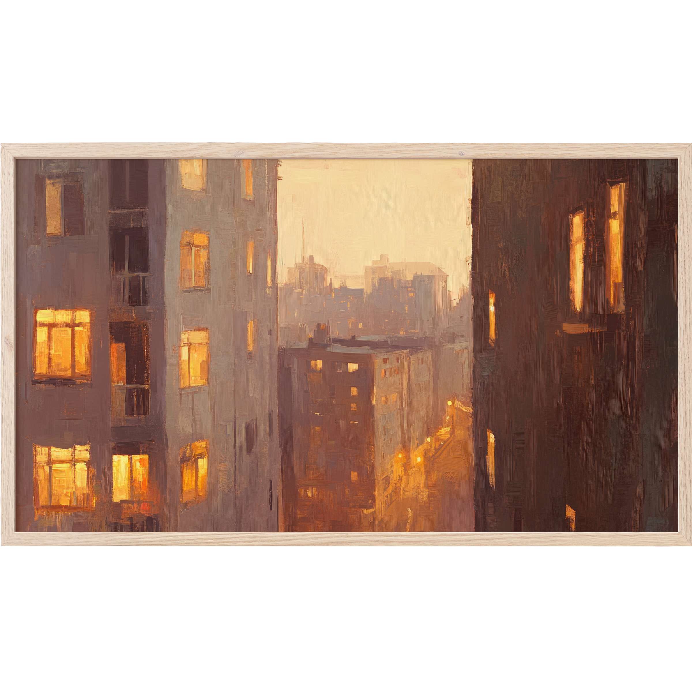 Urban Frame TV Art captures a warm, muted cityscape with amber-lit windows in an elegant, impressionist style