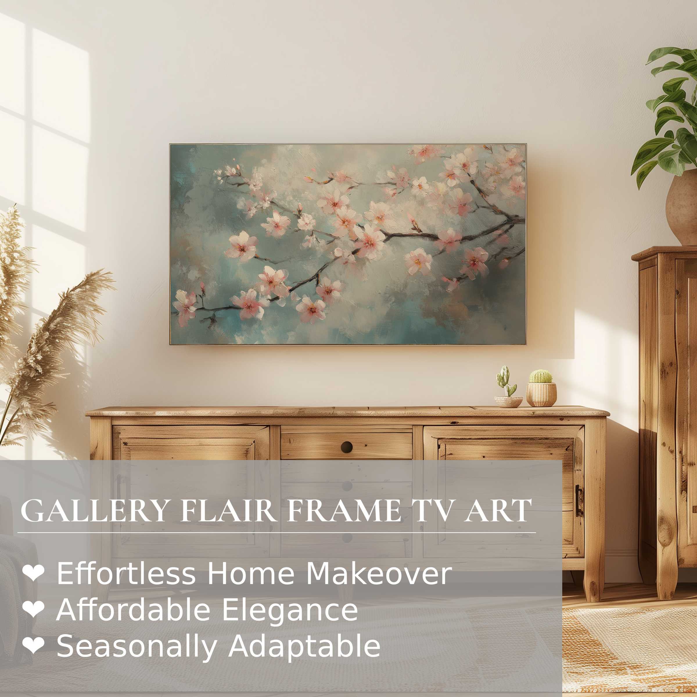 Samsung Frame TV displaying botanical digital artwork of delicate cherry blossoms in a serene modern setting