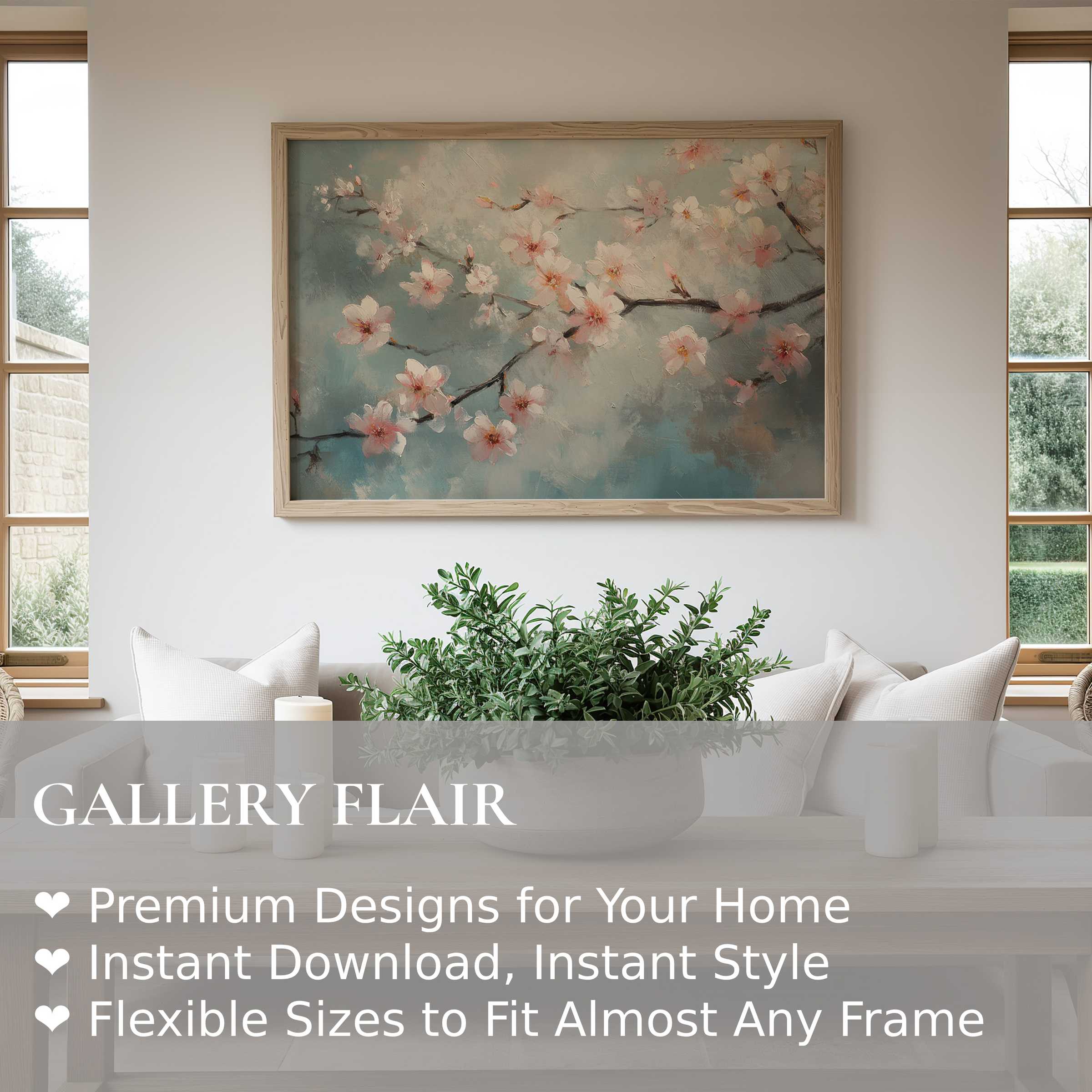 Botanical wall art print featuring soft cherry blossoms in pastel hues, elevating a serene modern living space with calm elegance