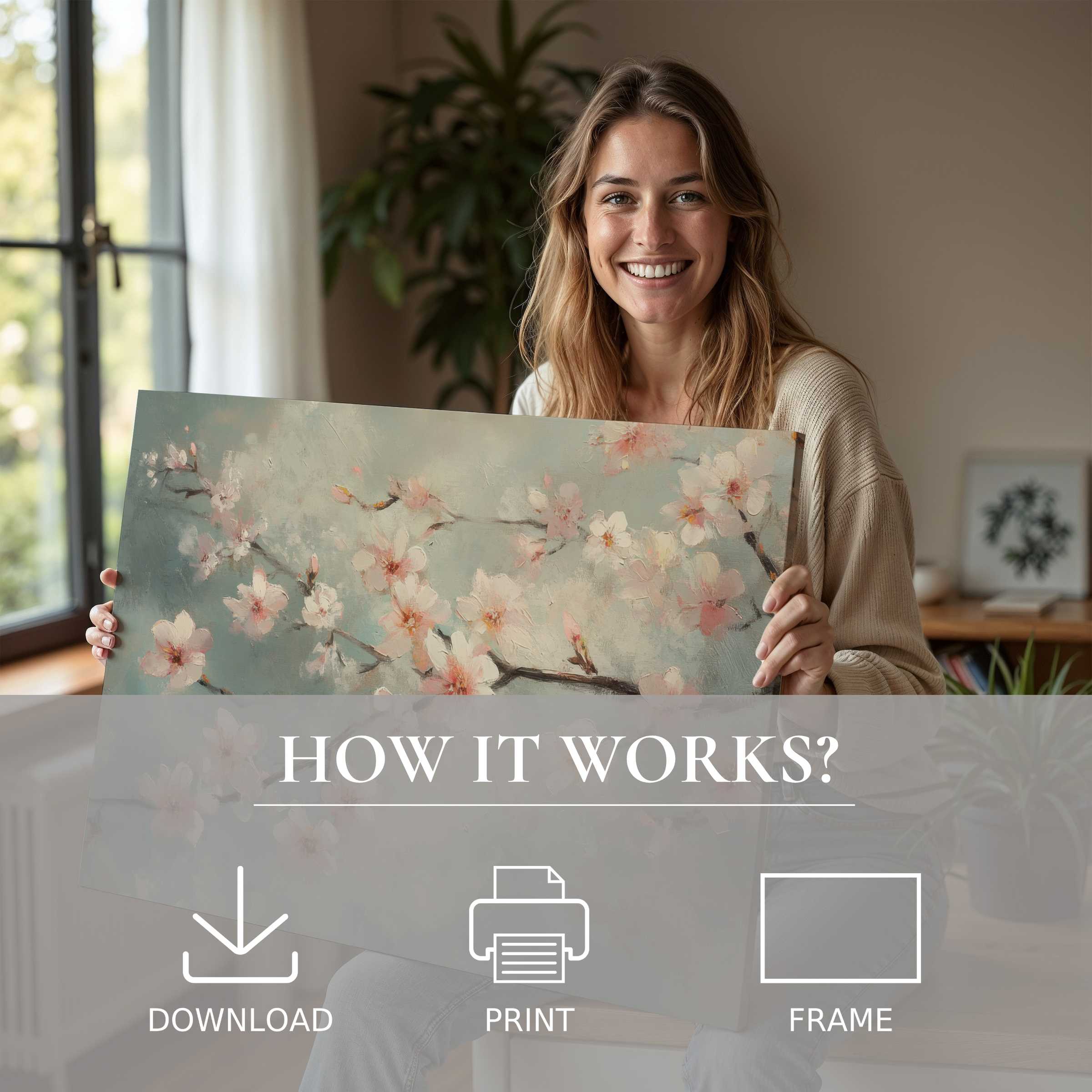 A radiant moment in a contemporary home where botanical digital art print breathes life into serene spaces, inviting joy and connection