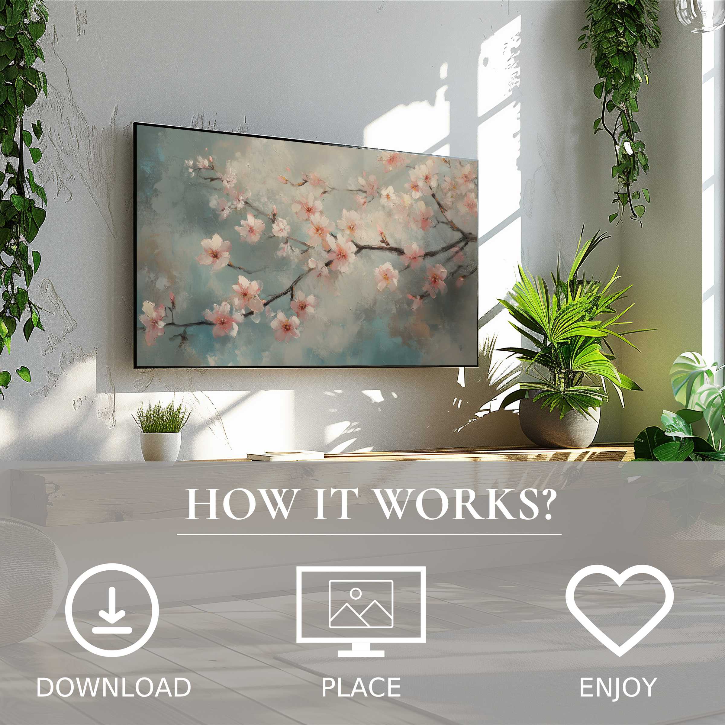 Botanical art for Samsung TV with soft blossom tones, easy digital download enriches modern living spaces