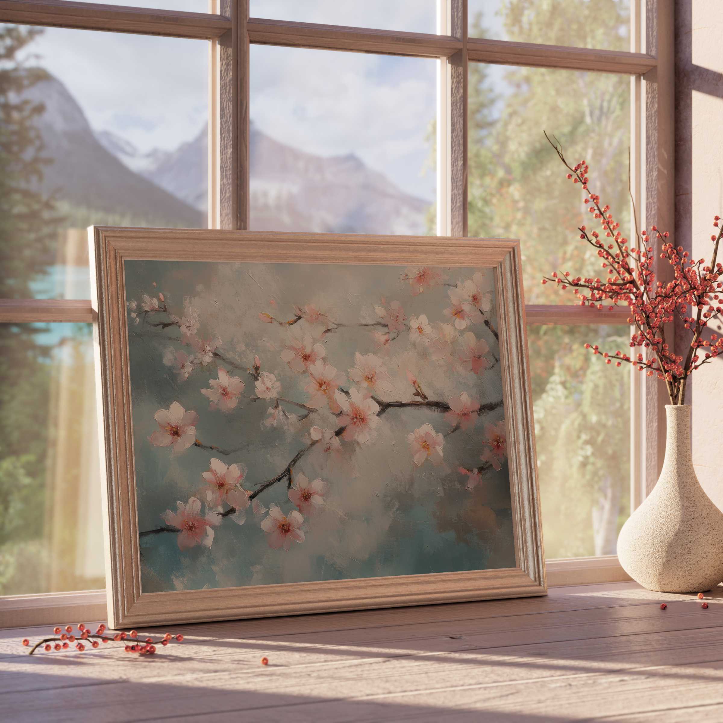 Botanical downloadable art of delicate cherry blossoms with soft pastels, elevating serene, stylish interiors with timeless elegance