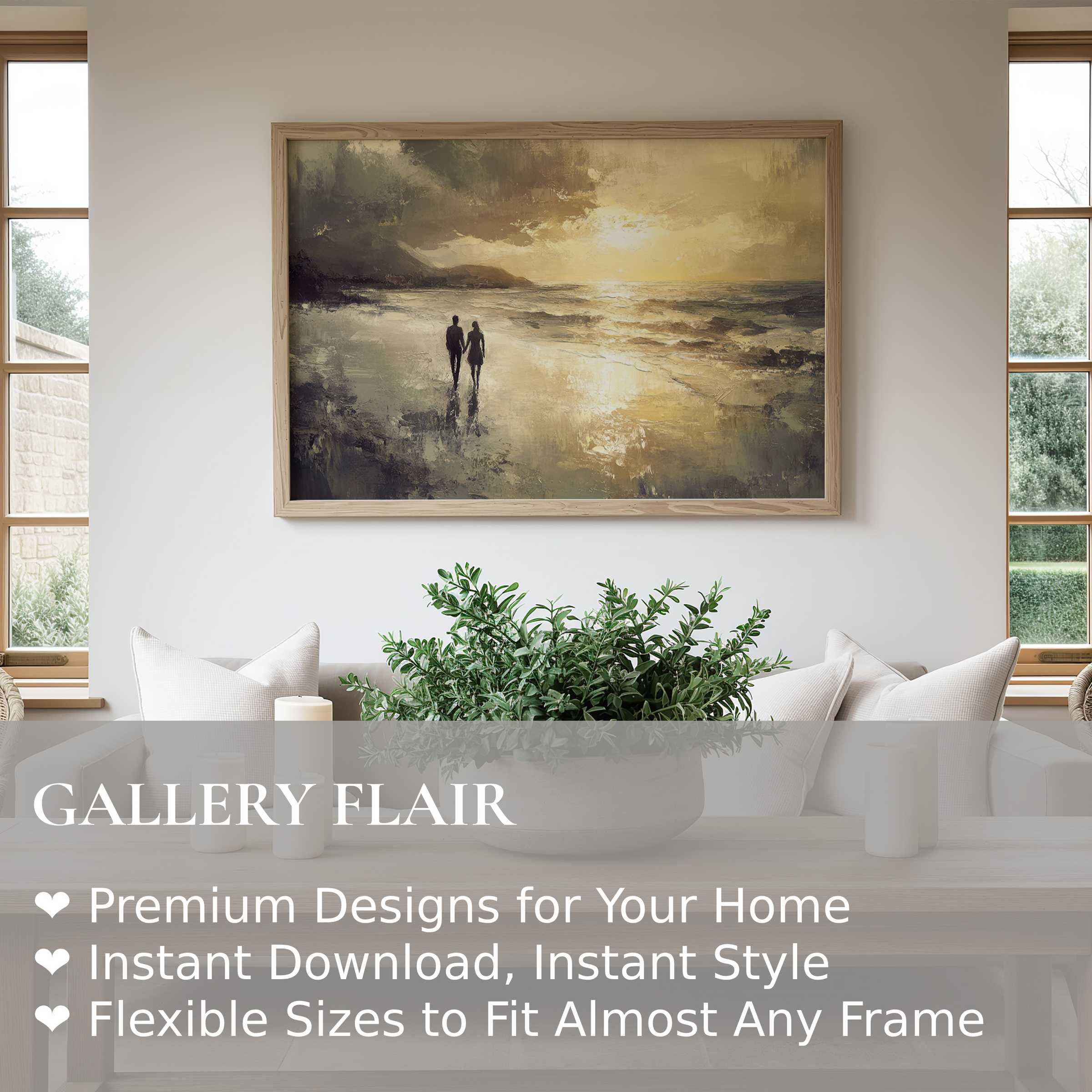Radiant beach wall art print featuring a serene couple's silhouette at sunset, enhancing minimalist, modern living spaces with calming coastal elegance