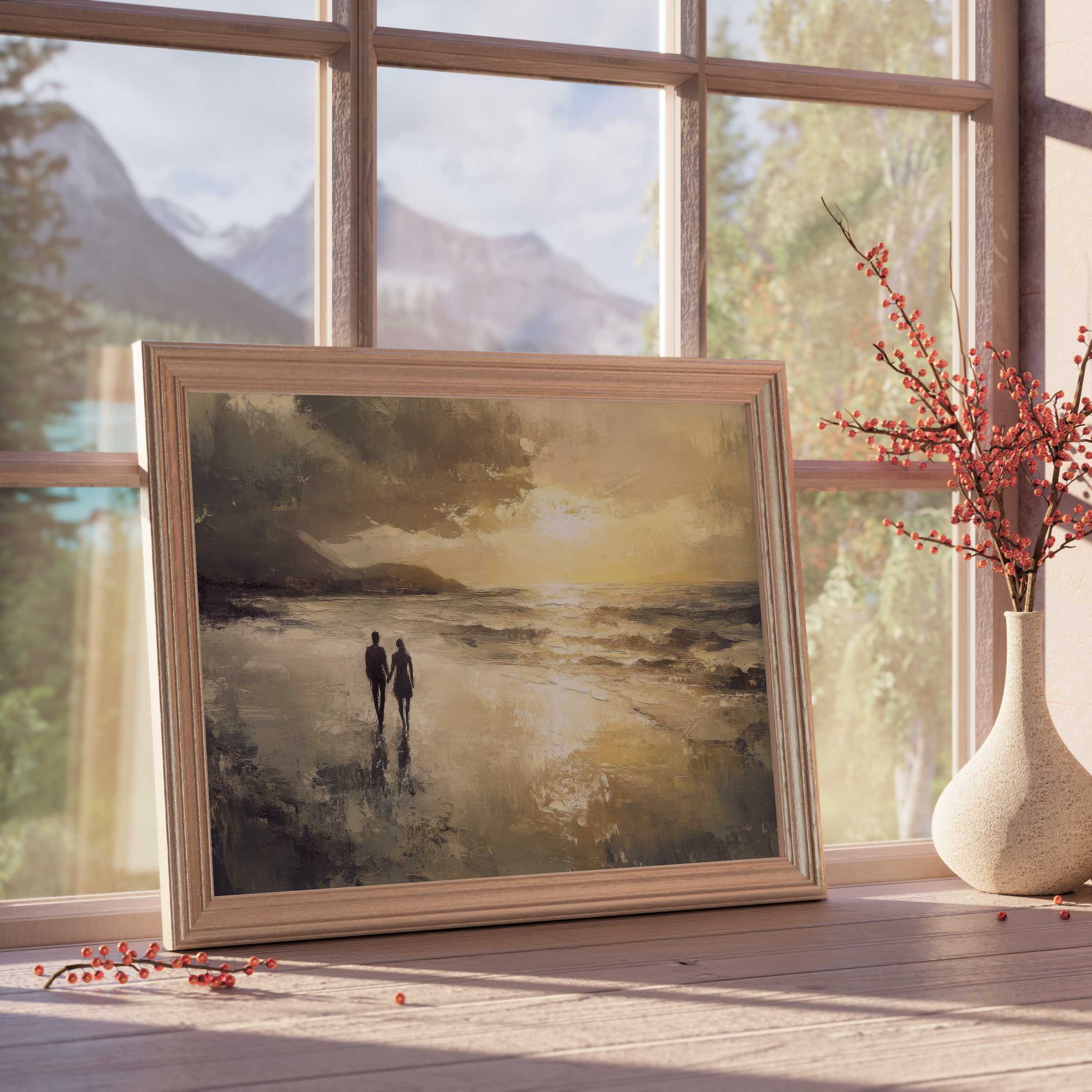 Sumptuous beach downloadable art capturing a serene sunset stroll, infused with warm tones and timeless elegance for curated, tranquil interiors