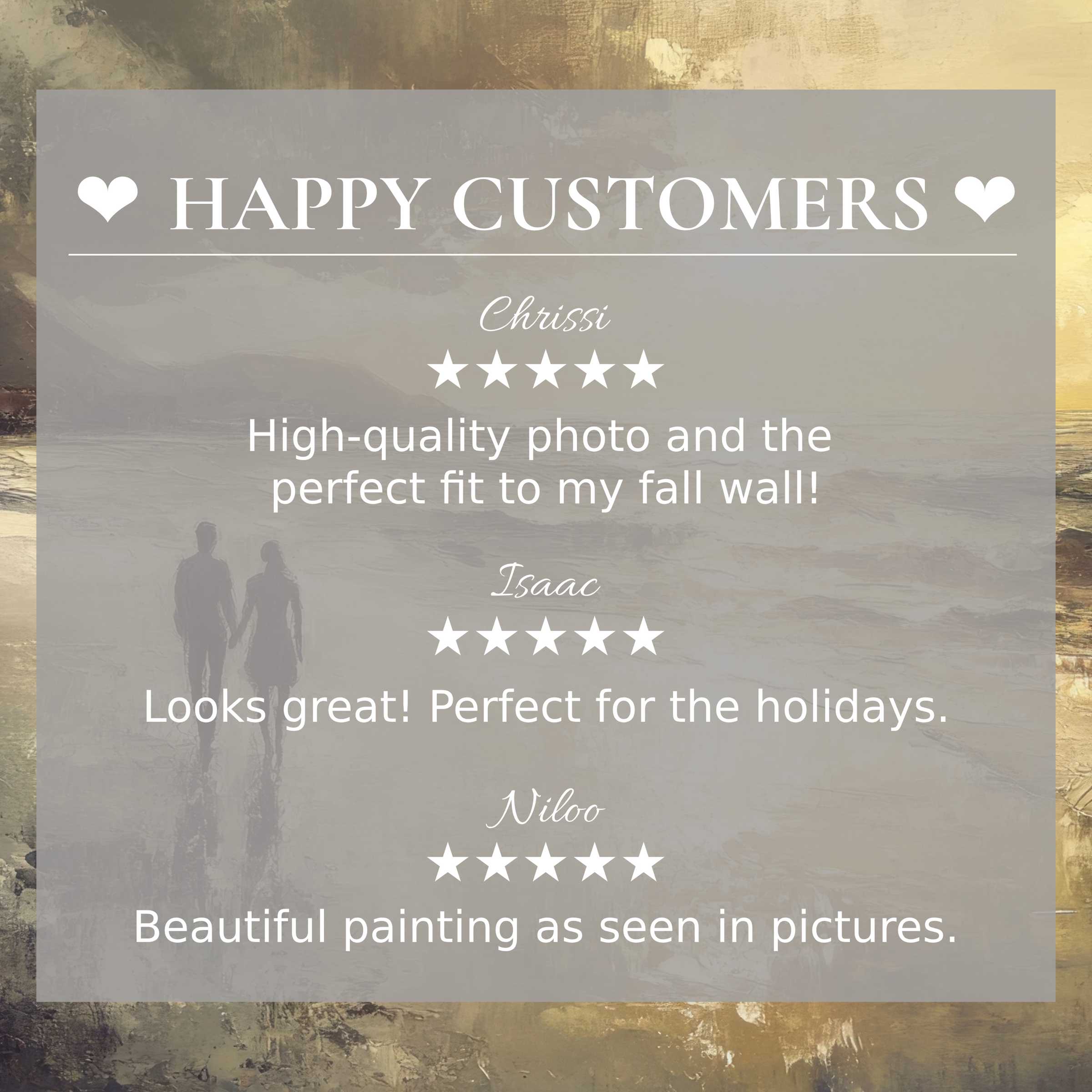 Beach art for Frame TV with abstract sunset tones, showing happy customer reviews that inspire trust and elegance