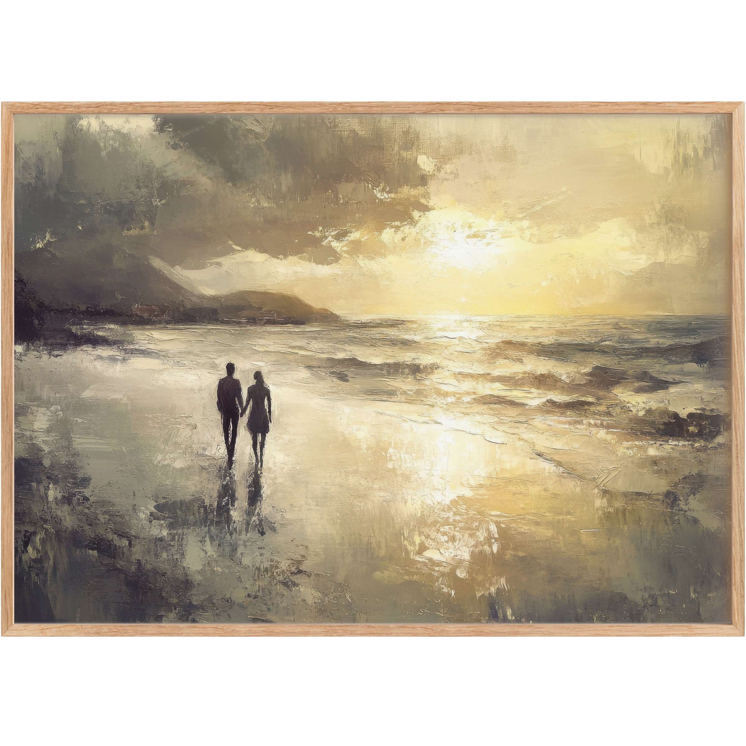 Romantic beach printable wall art capturing a serene sunset with golden hues and soothing ocean reflections, evoking warmth and tranquility