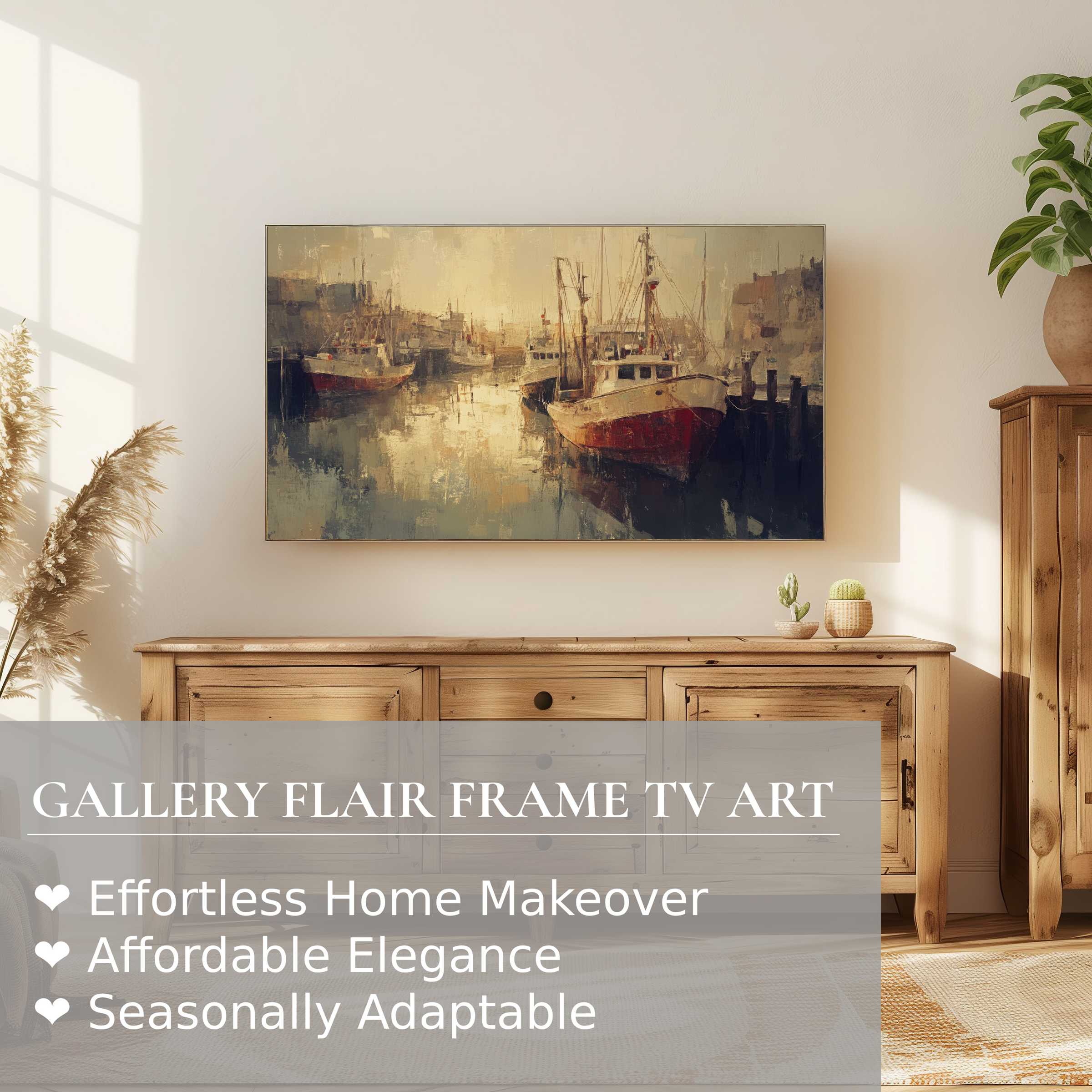 Samsung Frame TV displays coastal digital artwork in muted tones, enhancing refined, modern home decor ambiance
