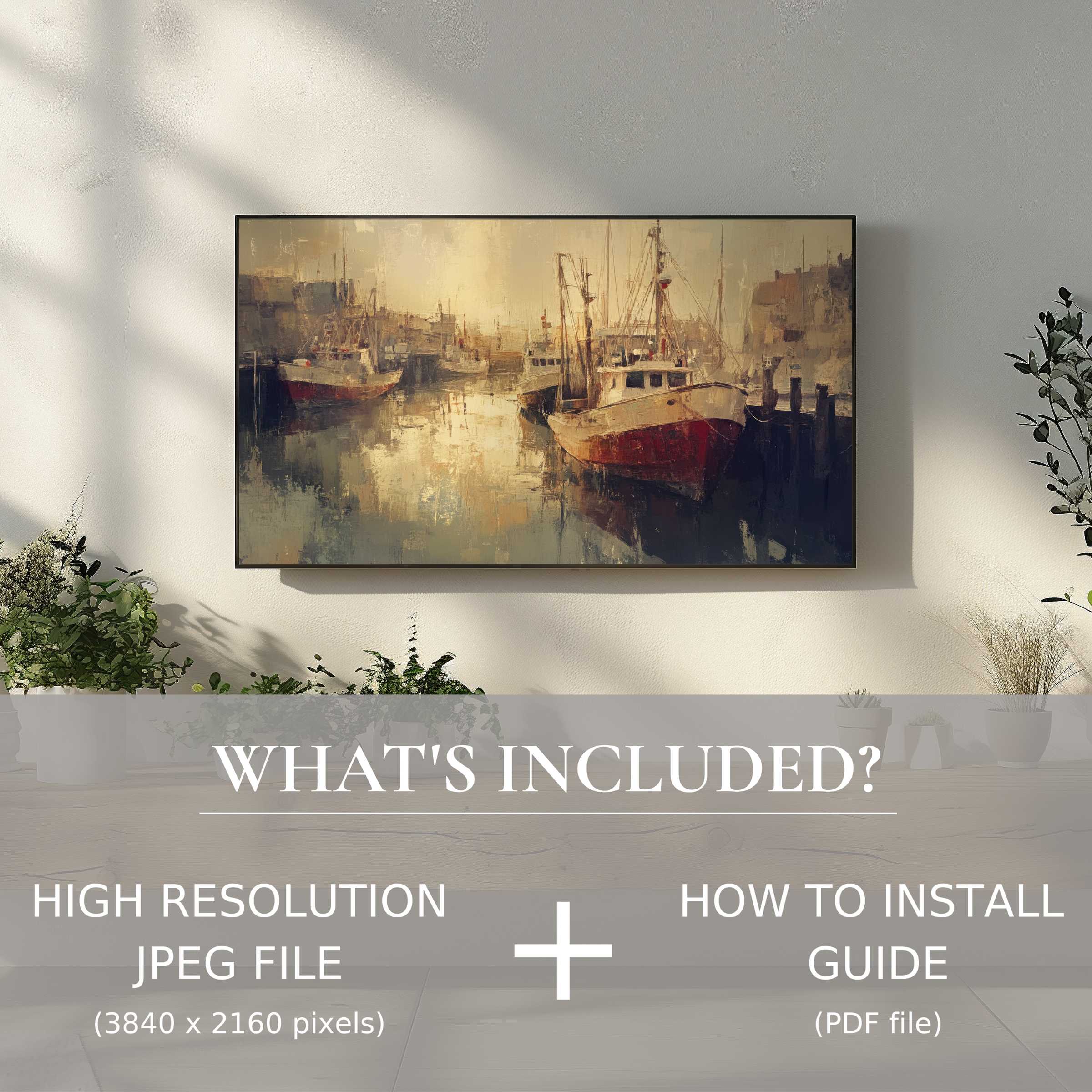 Coastal digital TV art download enhances living space with ease, blending modern style and serene harbor charm
