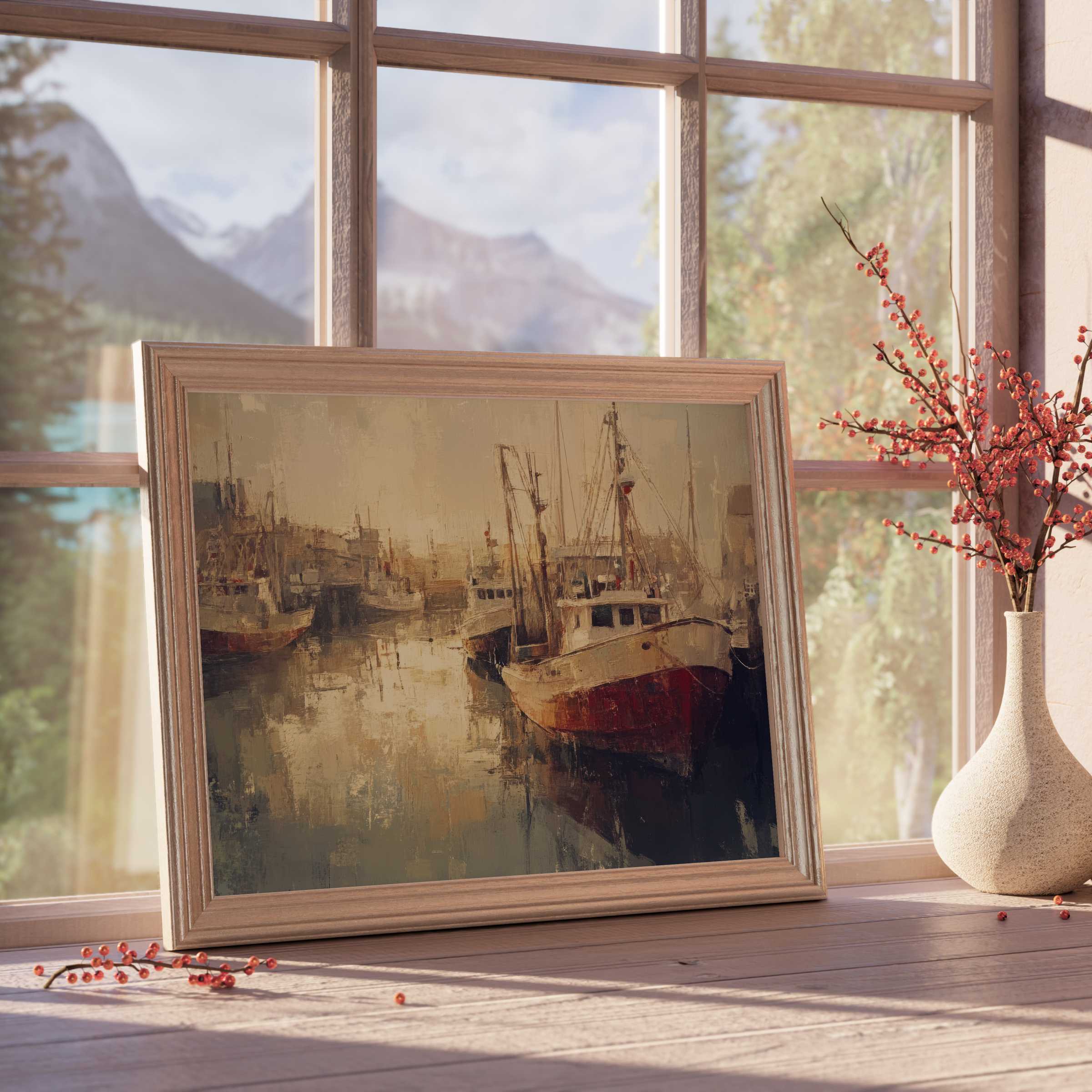 Coastal downloadable art capturing tranquil fishing boats at dawn, elevating serene, curated interiors with warm, rustic charm