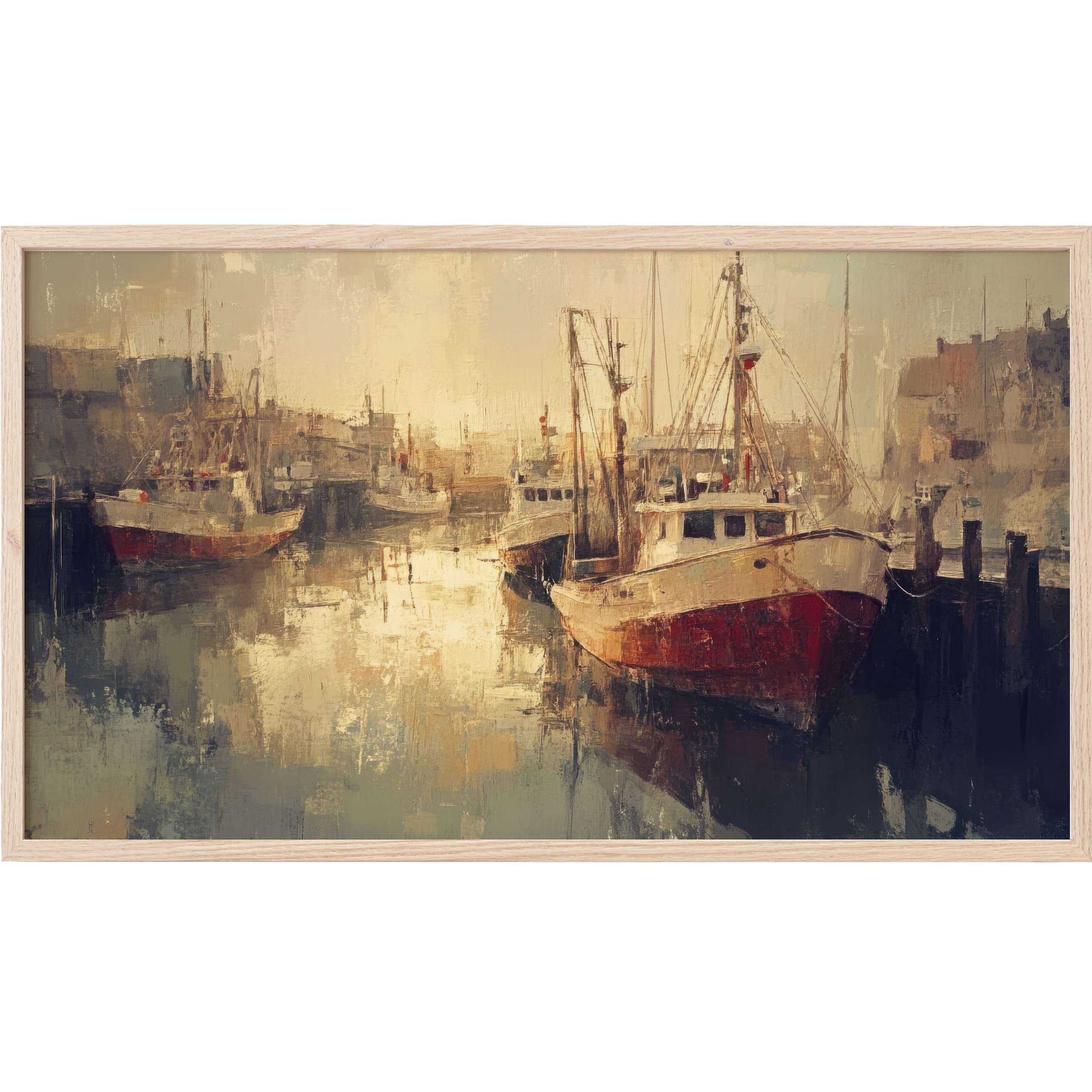 Coastal Frame TV Art with moody, textured brushstrokes in warm neutrals and deep reds, evoking serene harbor life