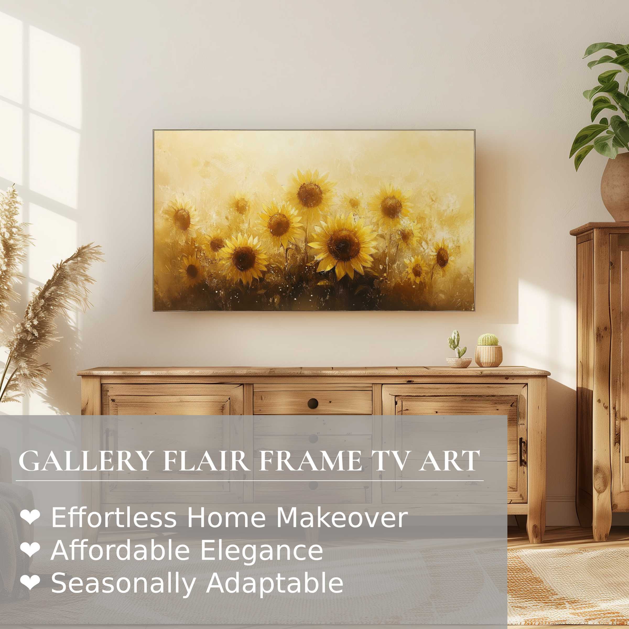 Elegant summer digital artwork of sunflowers on Samsung Frame TV in warm, minimalist interior for refined home decor enthusiasts