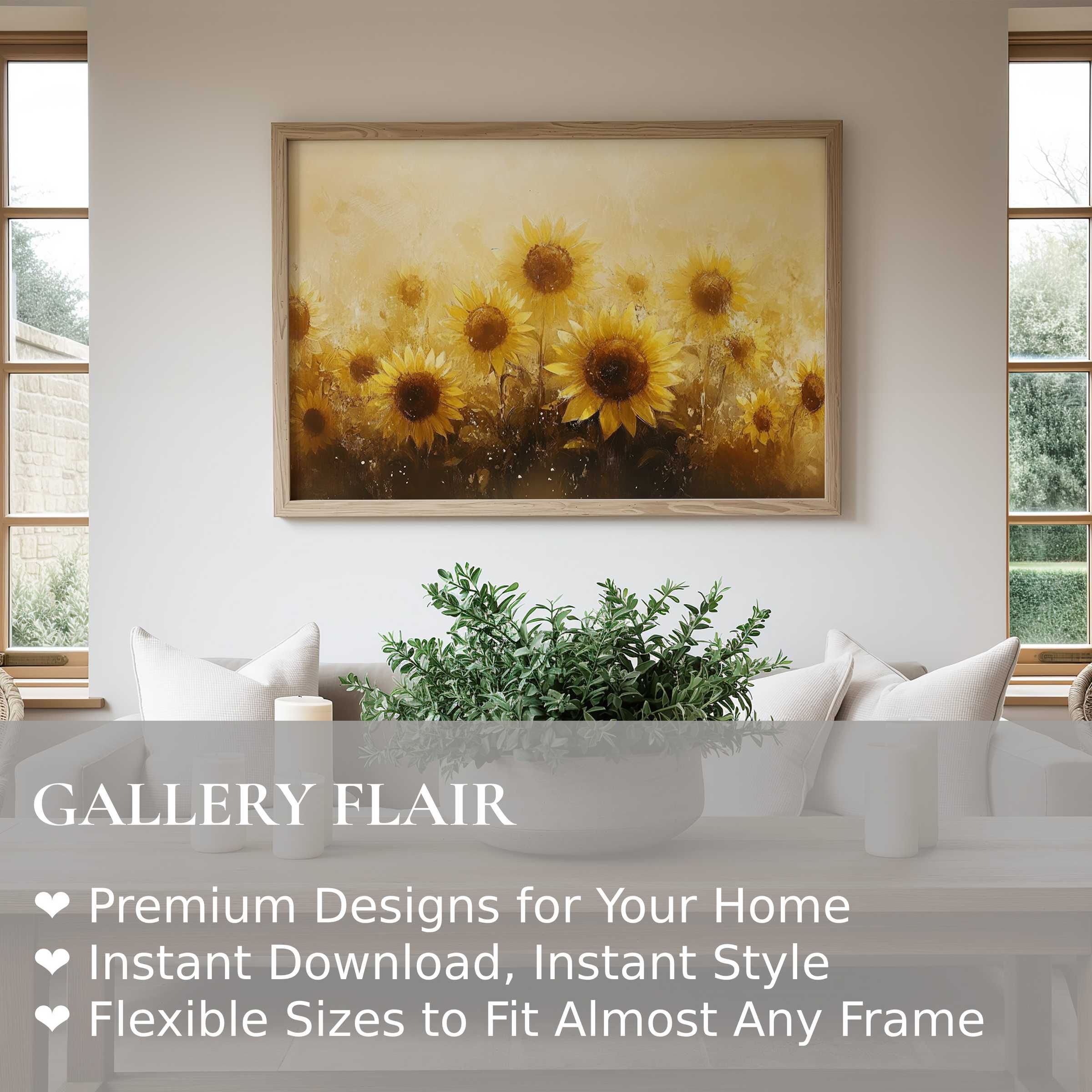 Radiant summer wall art print of sunflowers in warm golden hues, enhancing modern, minimalist living spaces with uplifting natural elegance