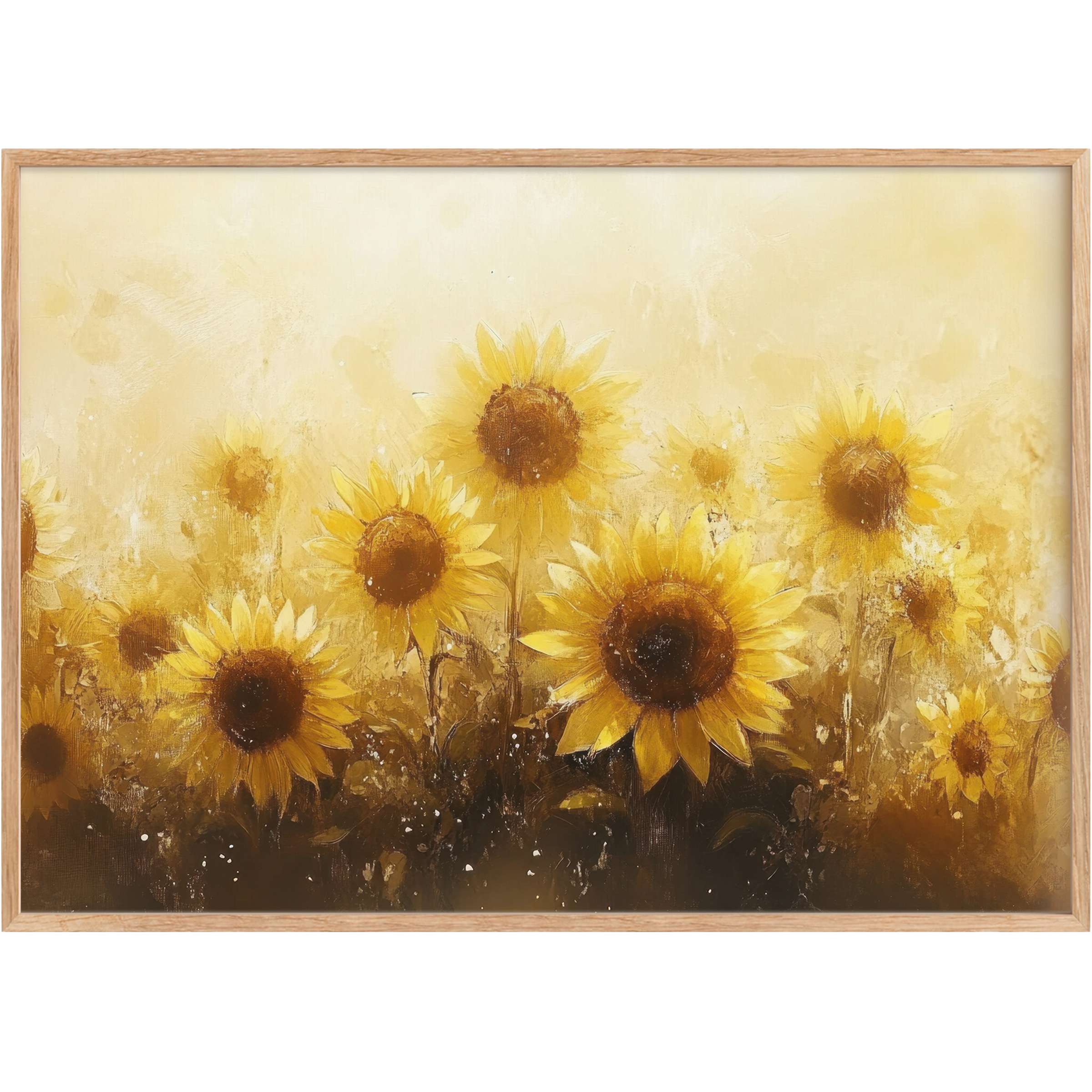 Golden sunflowers bask in warm amber hues, radiating a serene, sunlit glow that uplifts any room with summer printable wall art