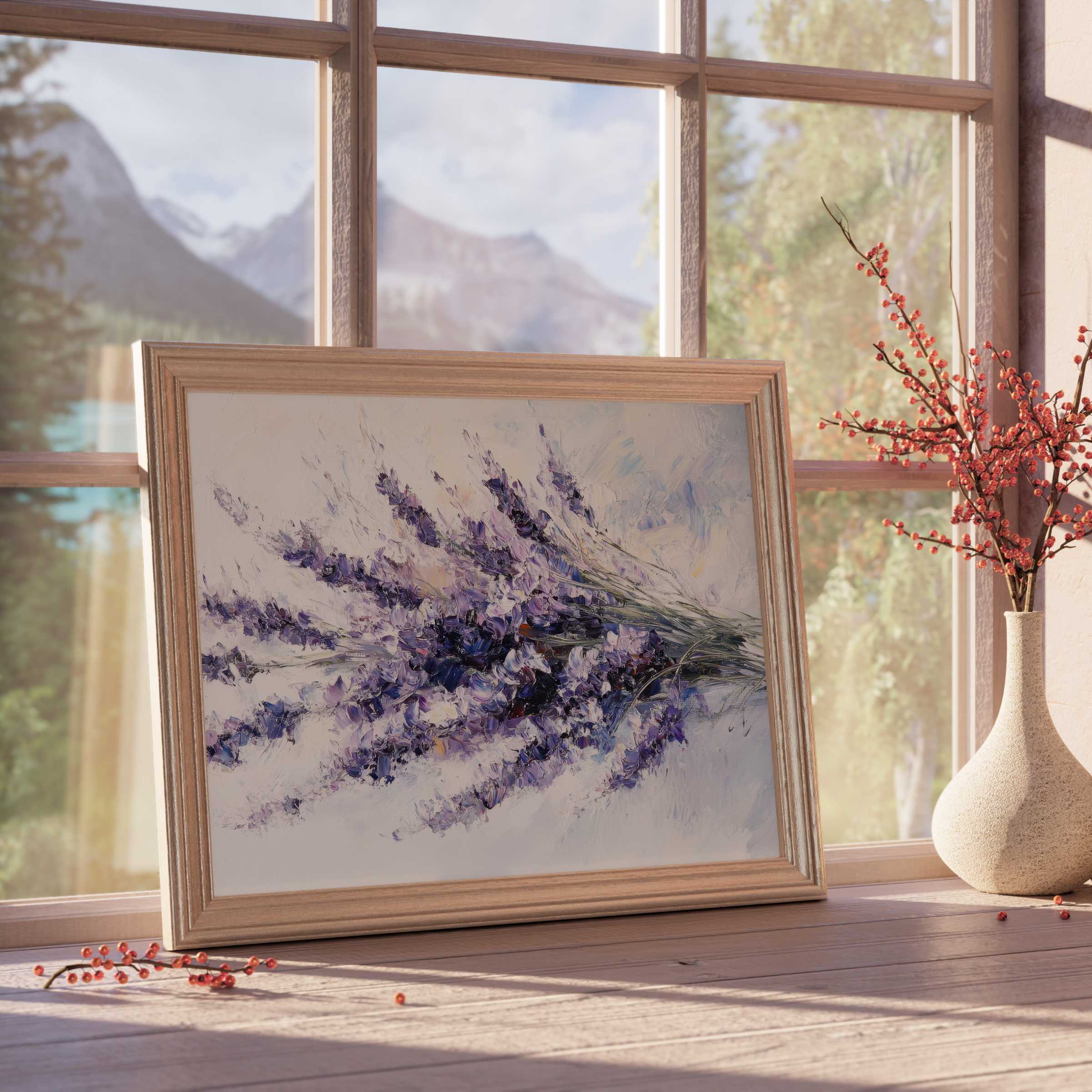 Elegant spring downloadable art features textured lavender blooms, infusing tranquil, curated interiors with serene charm