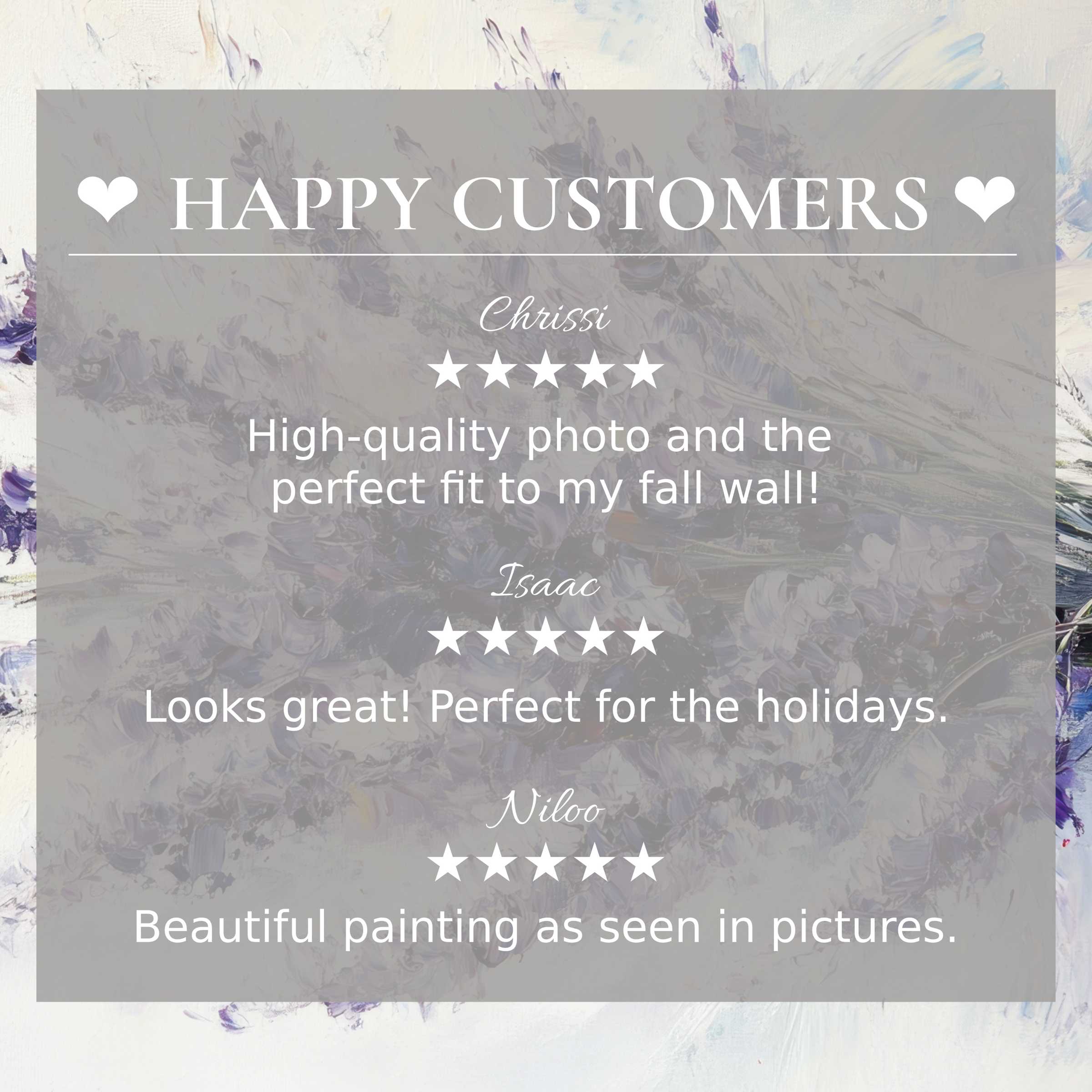 Elegant spring art for Frame TV with abstract violet hues, showcasing happy customer reviews to inspire trust and style
