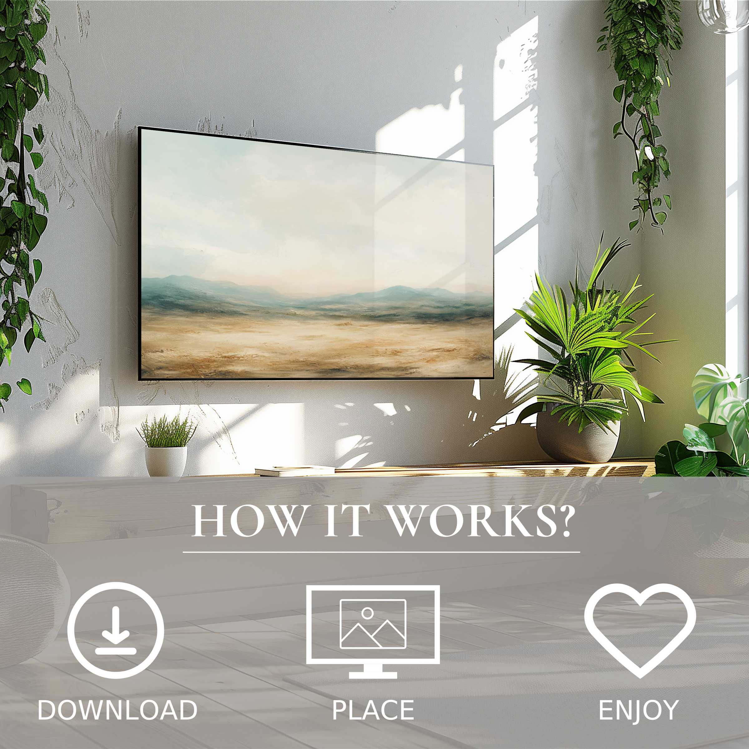 Modern living room with digital download landscape art for Samsung TV showing soft sunset tones enriching the space