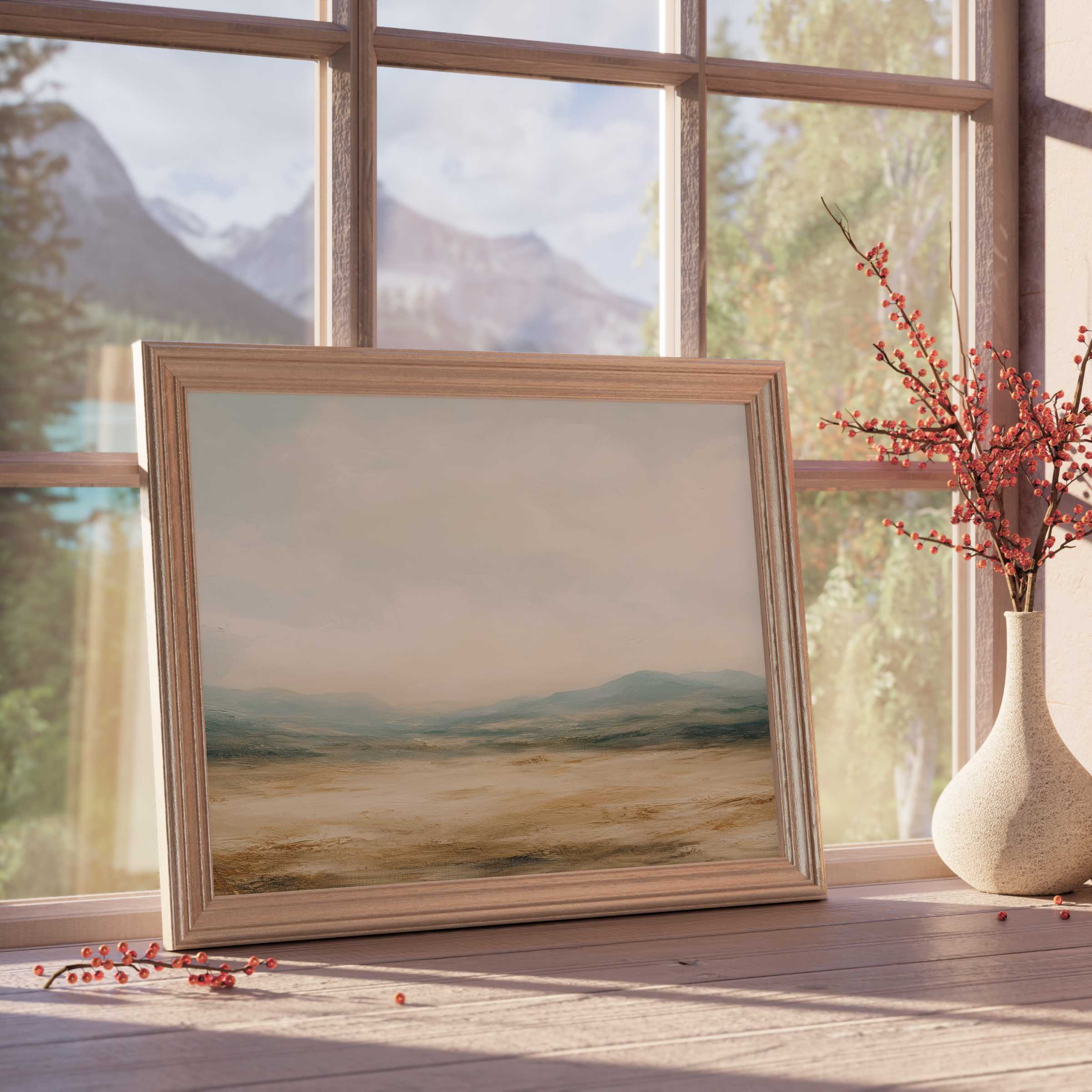 Serene landscape downloadable art in muted earth tones, enhancing tranquil, design-forward interiors with subtle warmth and refined elegance