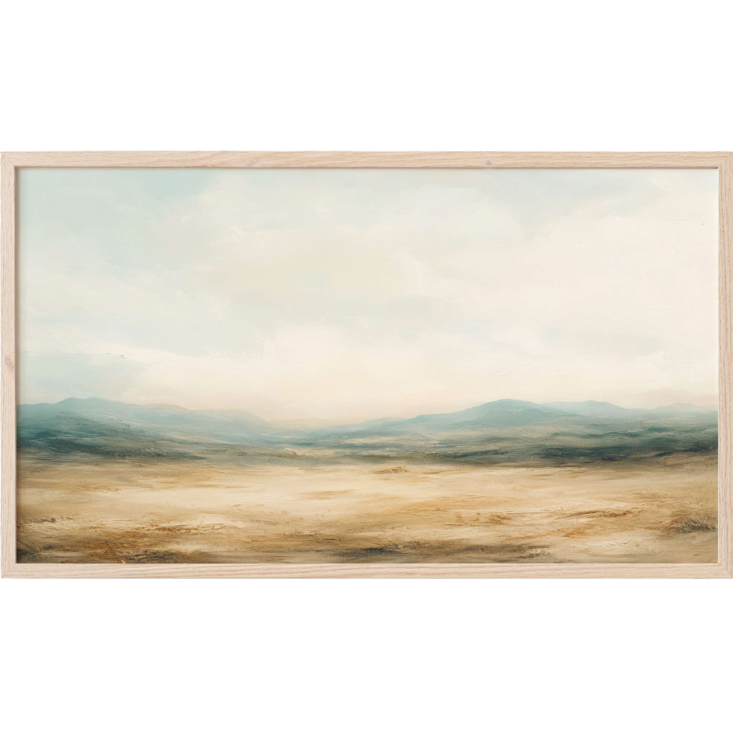 Serene landscape Frame TV Art with soft beige, blue, and green hues in a minimalist, modern brushstroke style