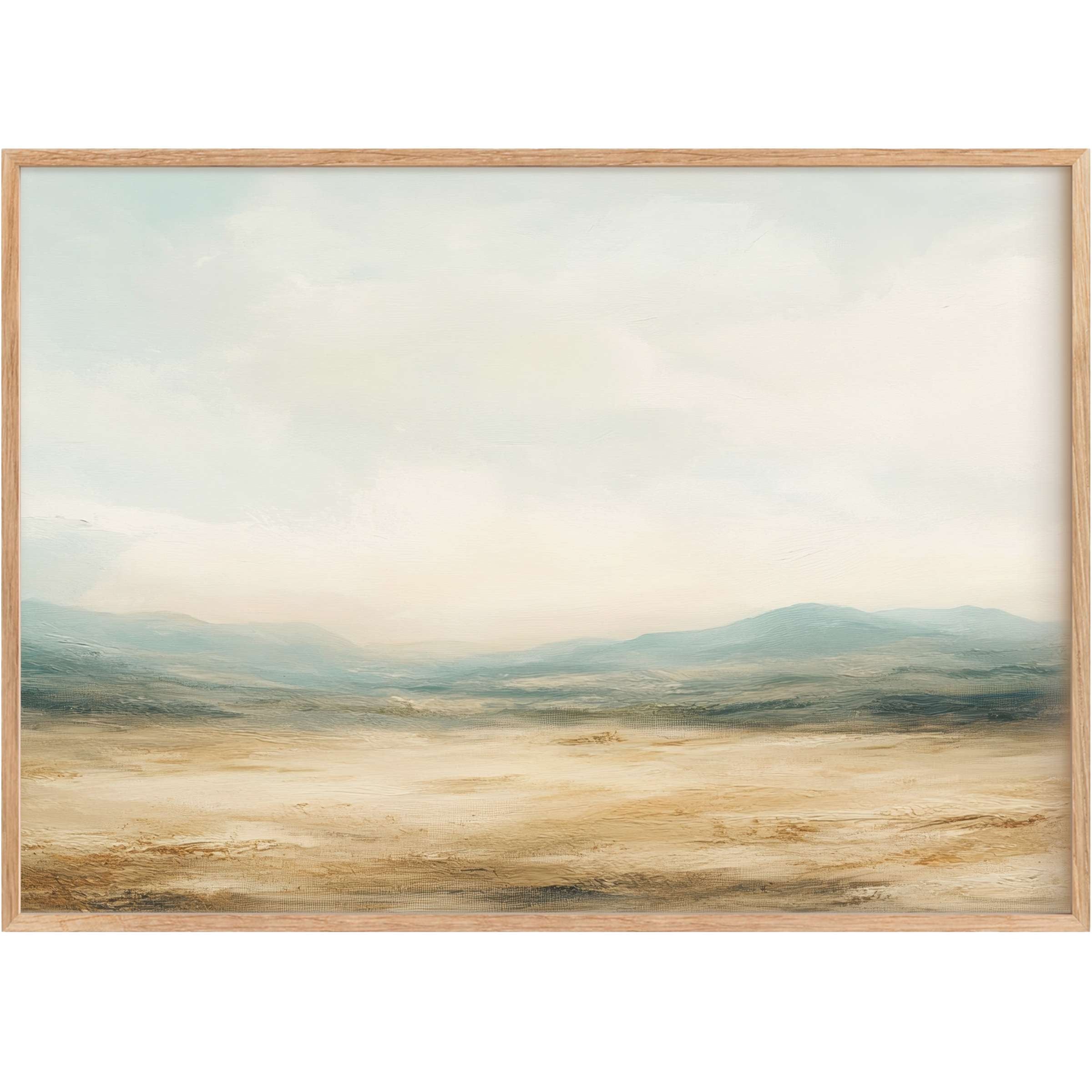 Serene landscape printable wall art in soft beige and muted blue hues, evoking calm and effortless elegance