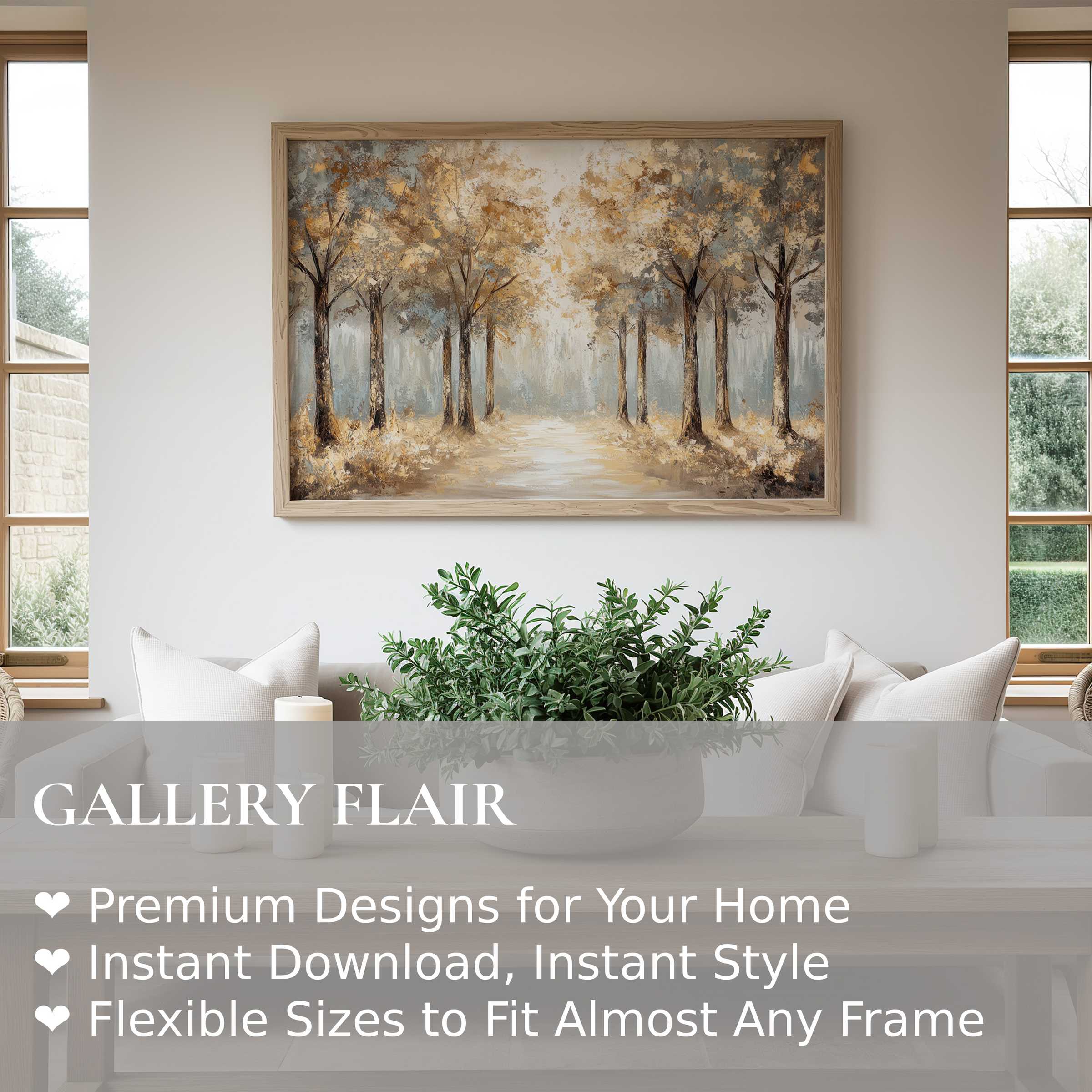 Vintage wall art print of a serene autumnal forest in warm gold and soft blue hues, elevating modern minimalist interiors with timeless elegance
