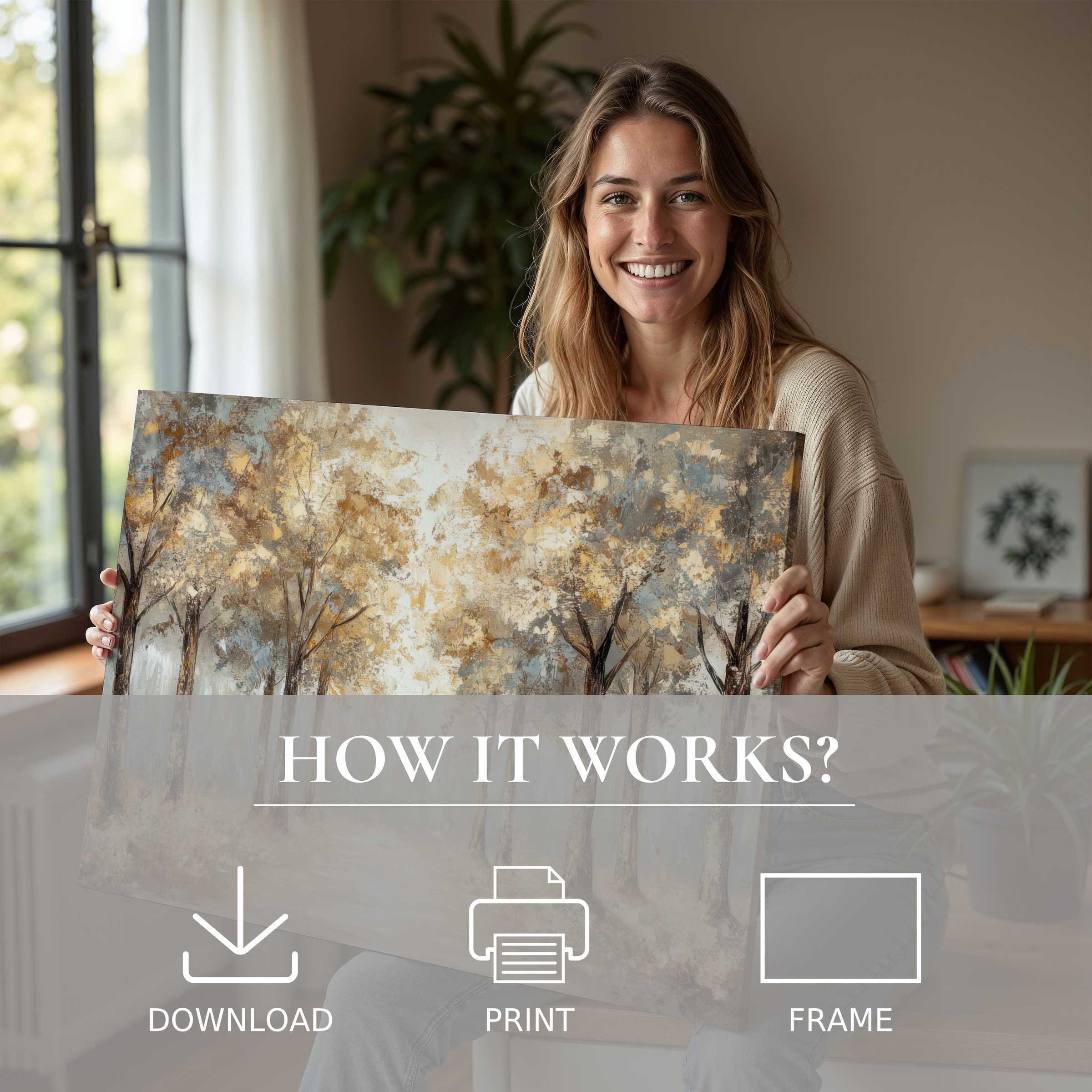 Woman in a sunlit modern home embraces a vintage digital art print, capturing a serene connection to timeless beauty and effortless elegance