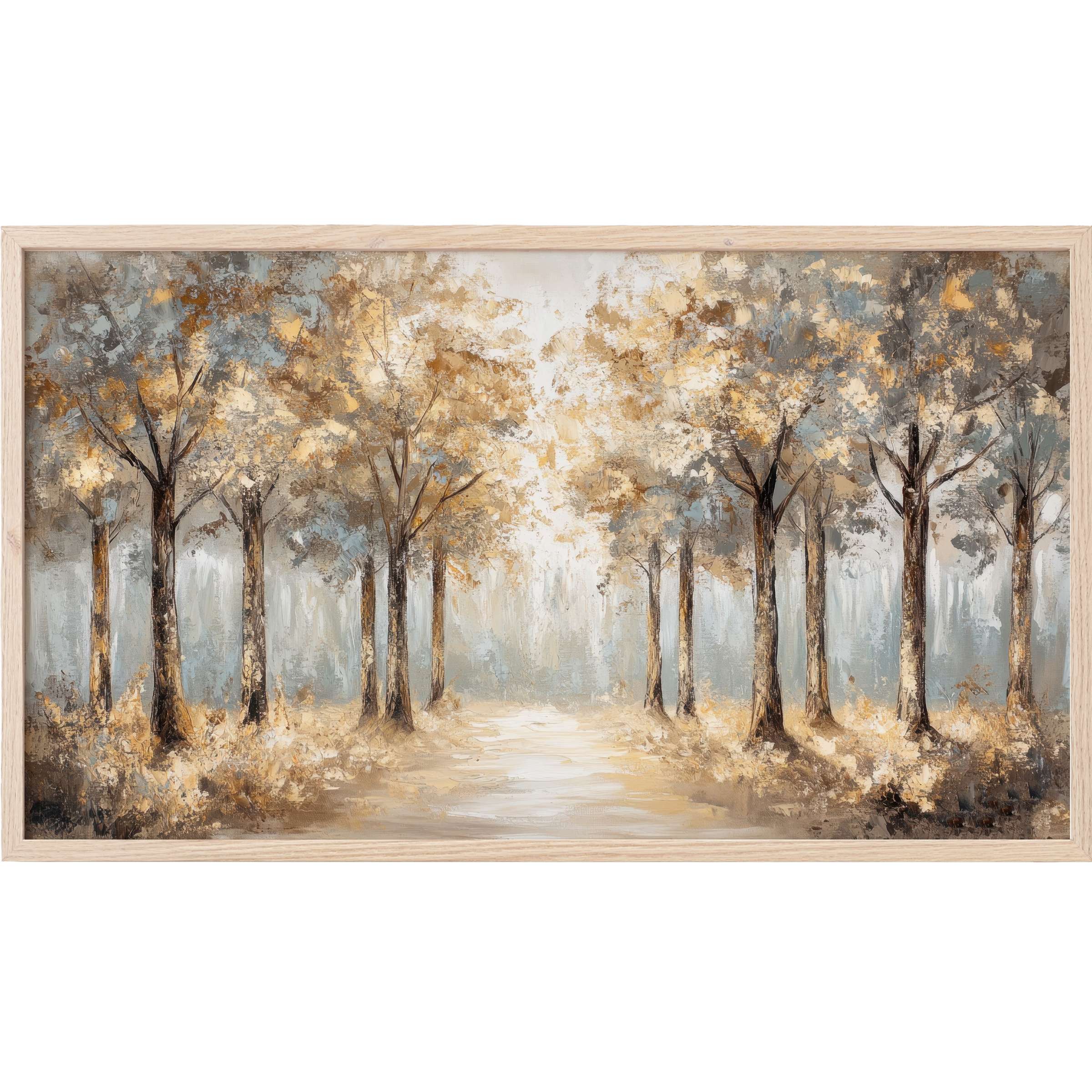 Elegant forest scene in muted gold, gray, and cream tones with textured brushstrokes, vintage Frame TV Art