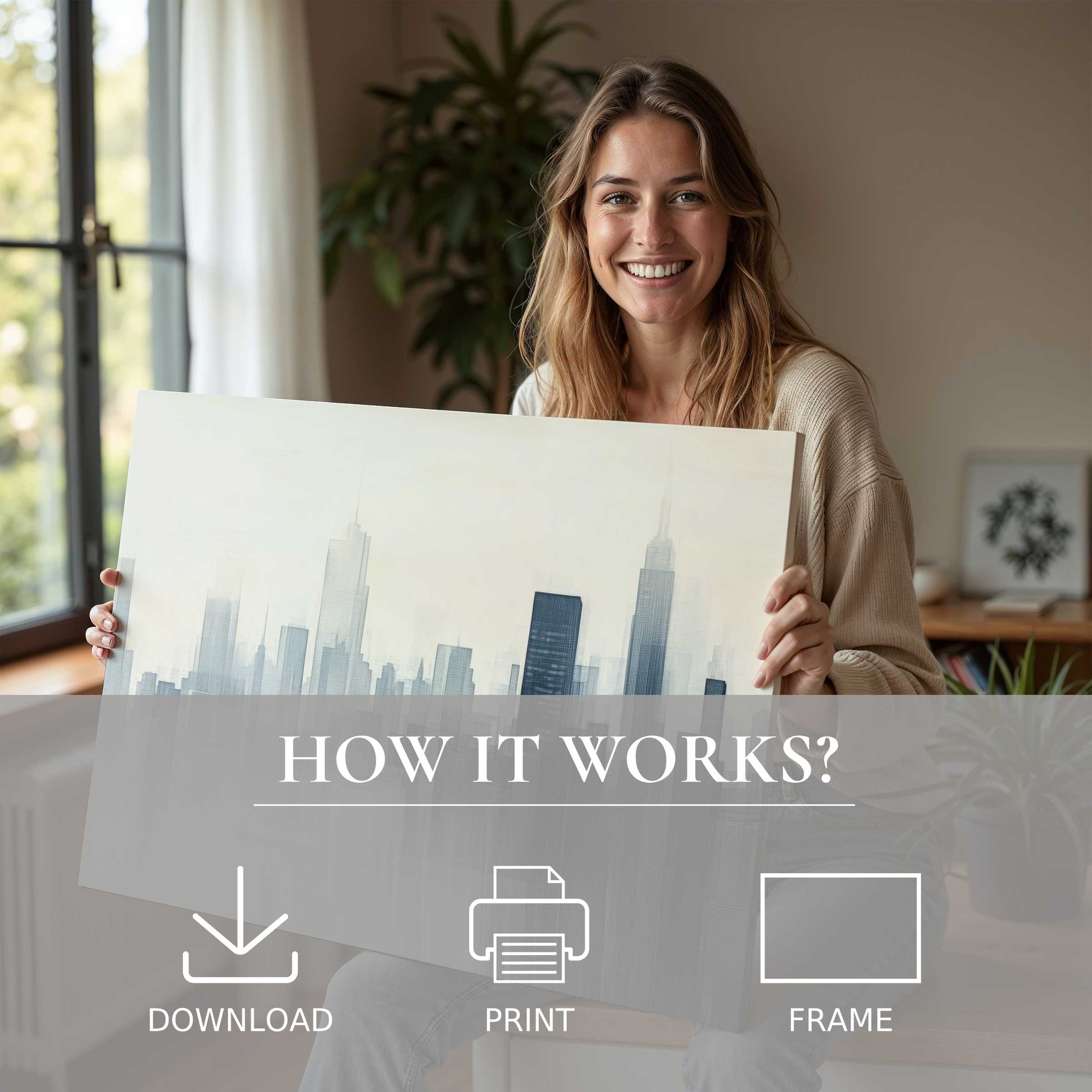 Joyful woman in a modern home, embracing a minimalist digital art print that elevates serene living spaces