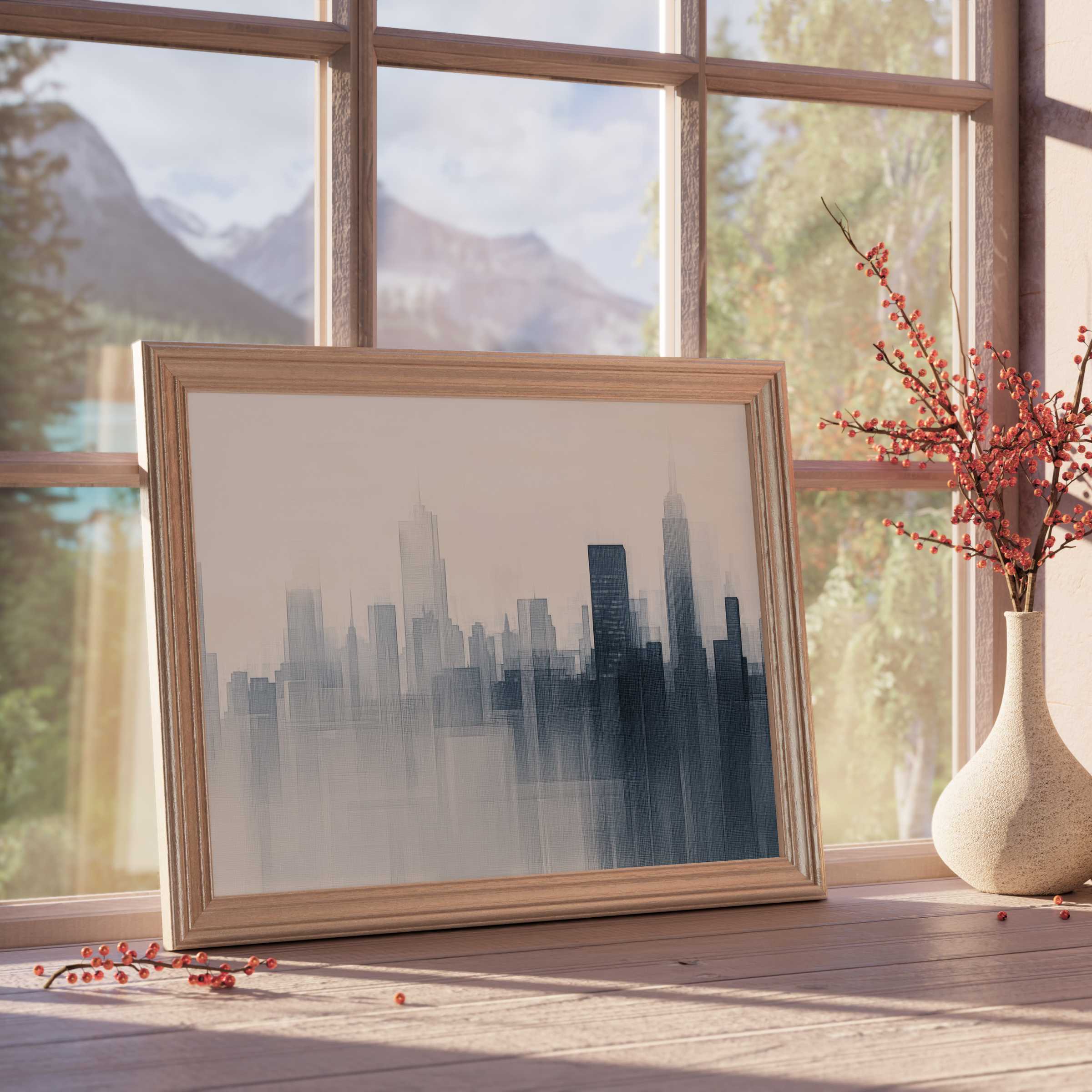 Minimalist downloadable art capturing a serene cityscape in muted tones, ideal for elevating tranquil, design-forward interiors