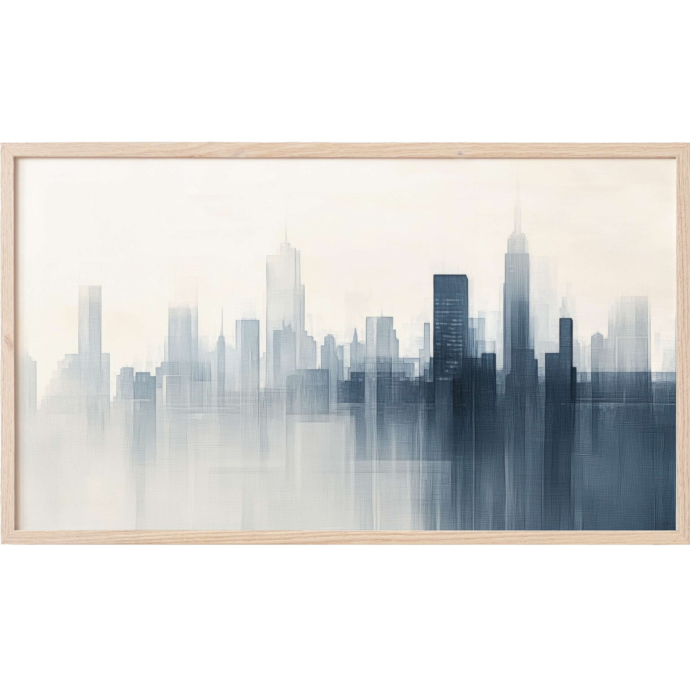 Minimalist Frame TV Art featuring a serene blue-gray city skyline with soft, blurred edges in a natural wood frame