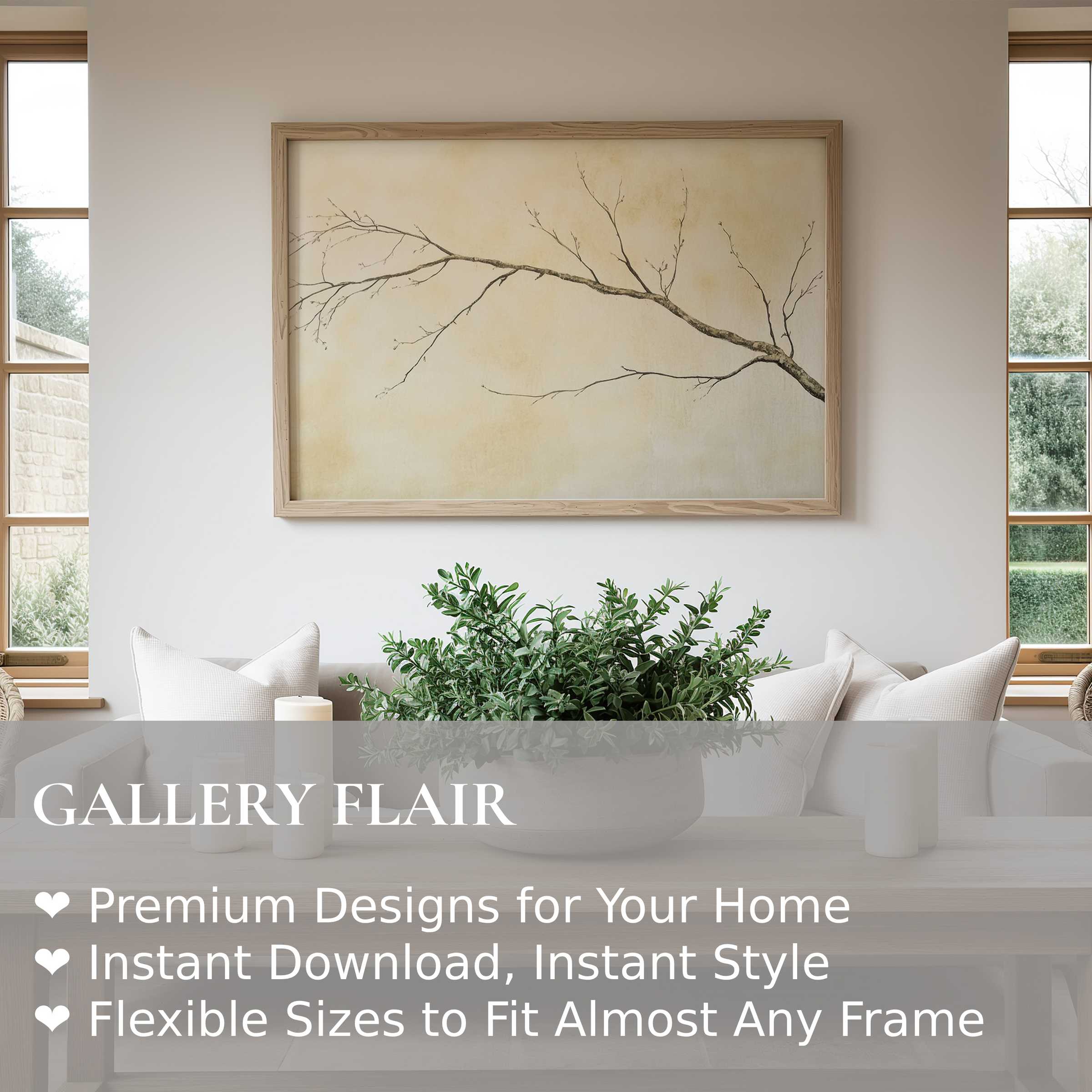 Neutral wall art print featuring a delicate bare branch in soft beige tones, enhancing serene, minimalist modern interiors with calming organic elegance