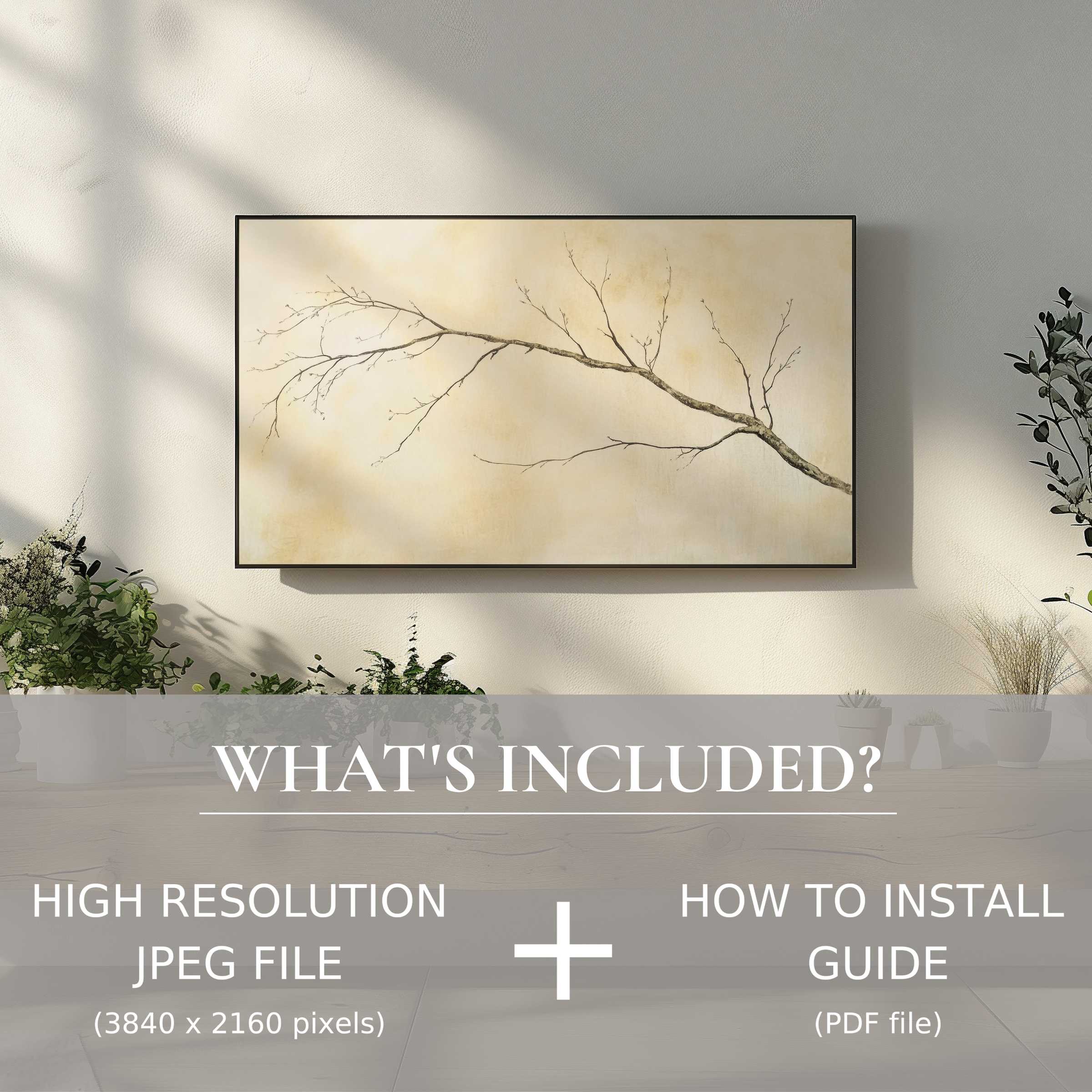 Elegant neutral digital TV art download featuring a delicate branch, enhancing living spaces with effortless digital use
