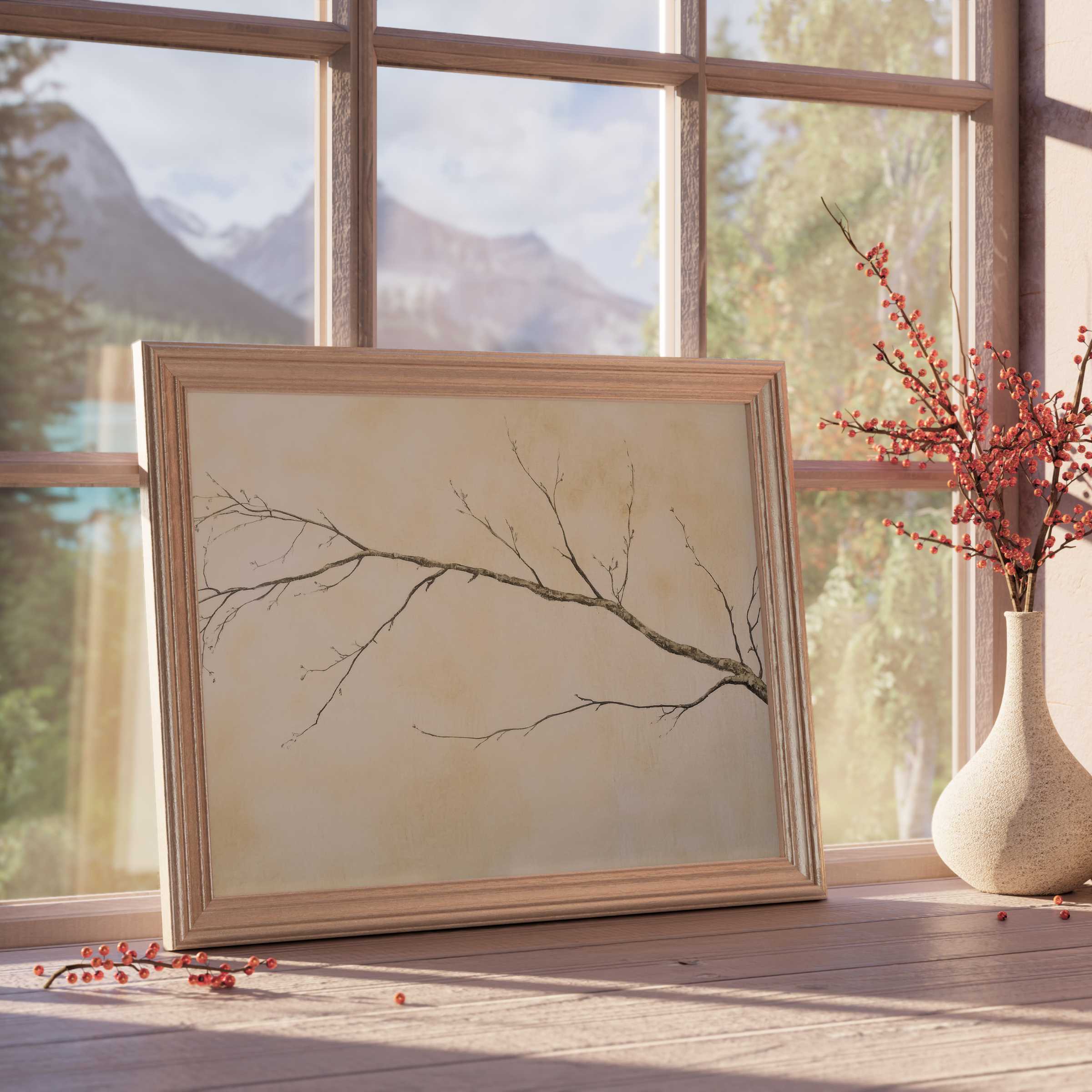 Neutral downloadable art featuring a delicate bare branch in soft beige tones, elevating serene, curated, design-forward interiors