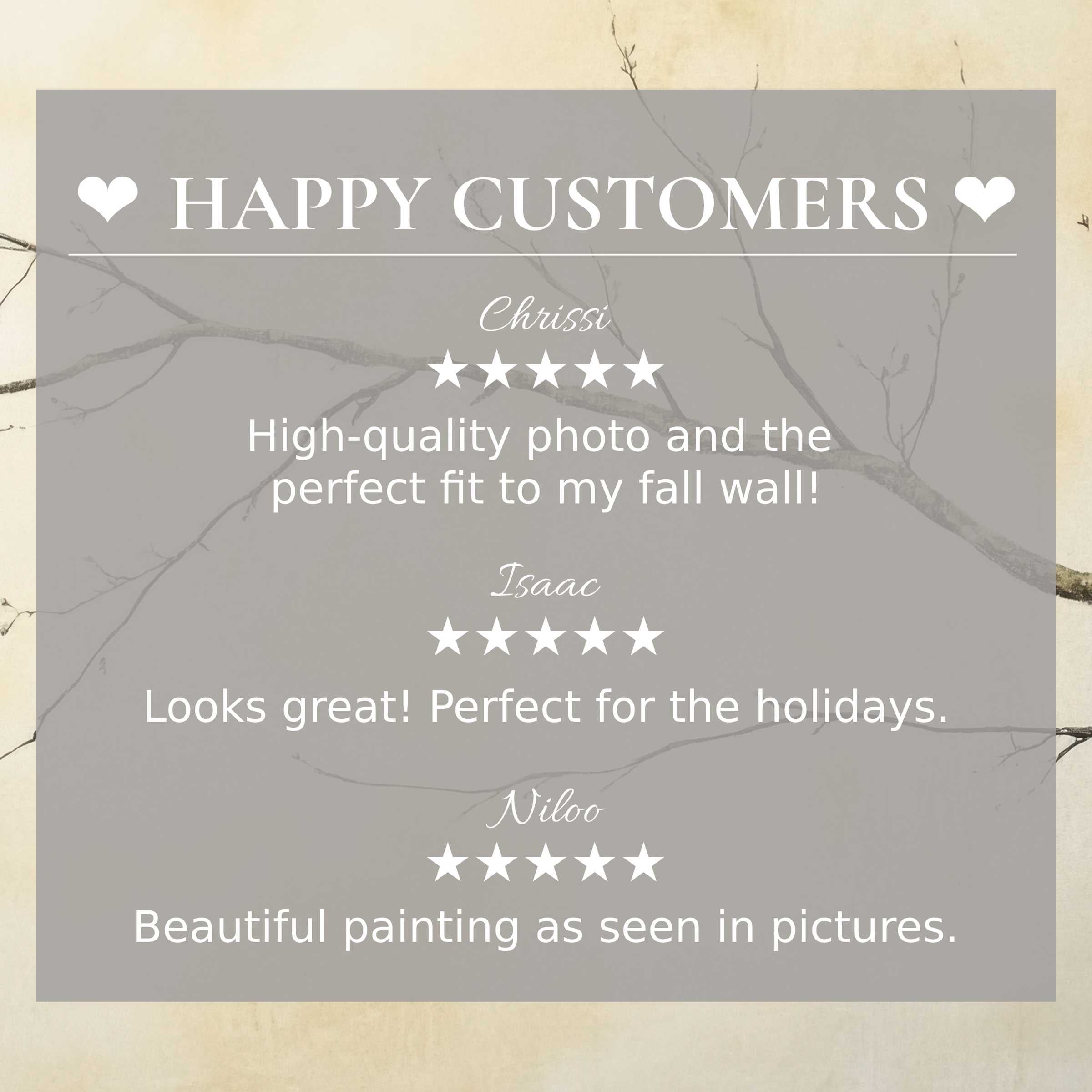 Elegant neutral art for Frame TV with delicate branch design, showcasing happy customer reviews that build trust