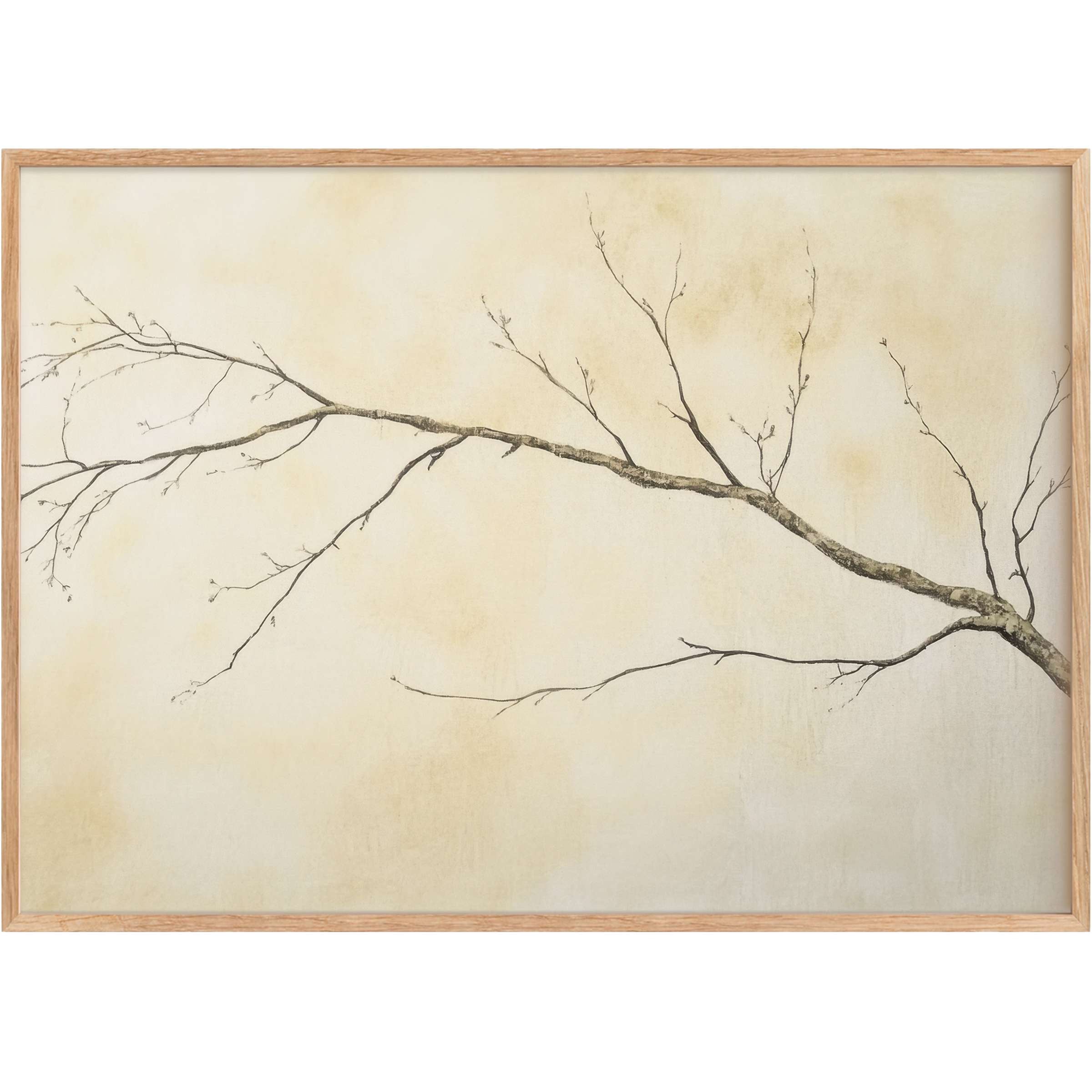 Subtle neutral printable wall art featuring a delicate bare branch in soft taupe and cream tones, evoking serene elegance and tranquil warmth