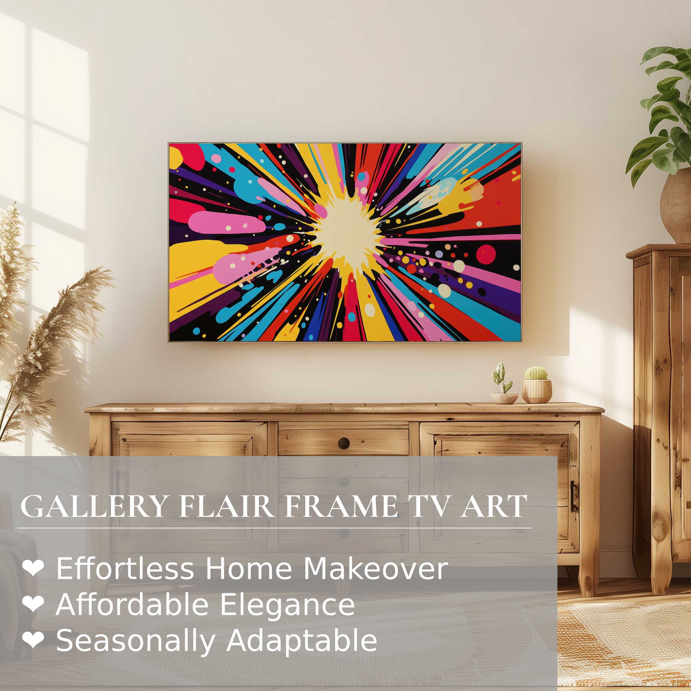 Vibrant pop art digital artwork on Samsung Frame TV brightens a modern rustic room with color and dynamic energy