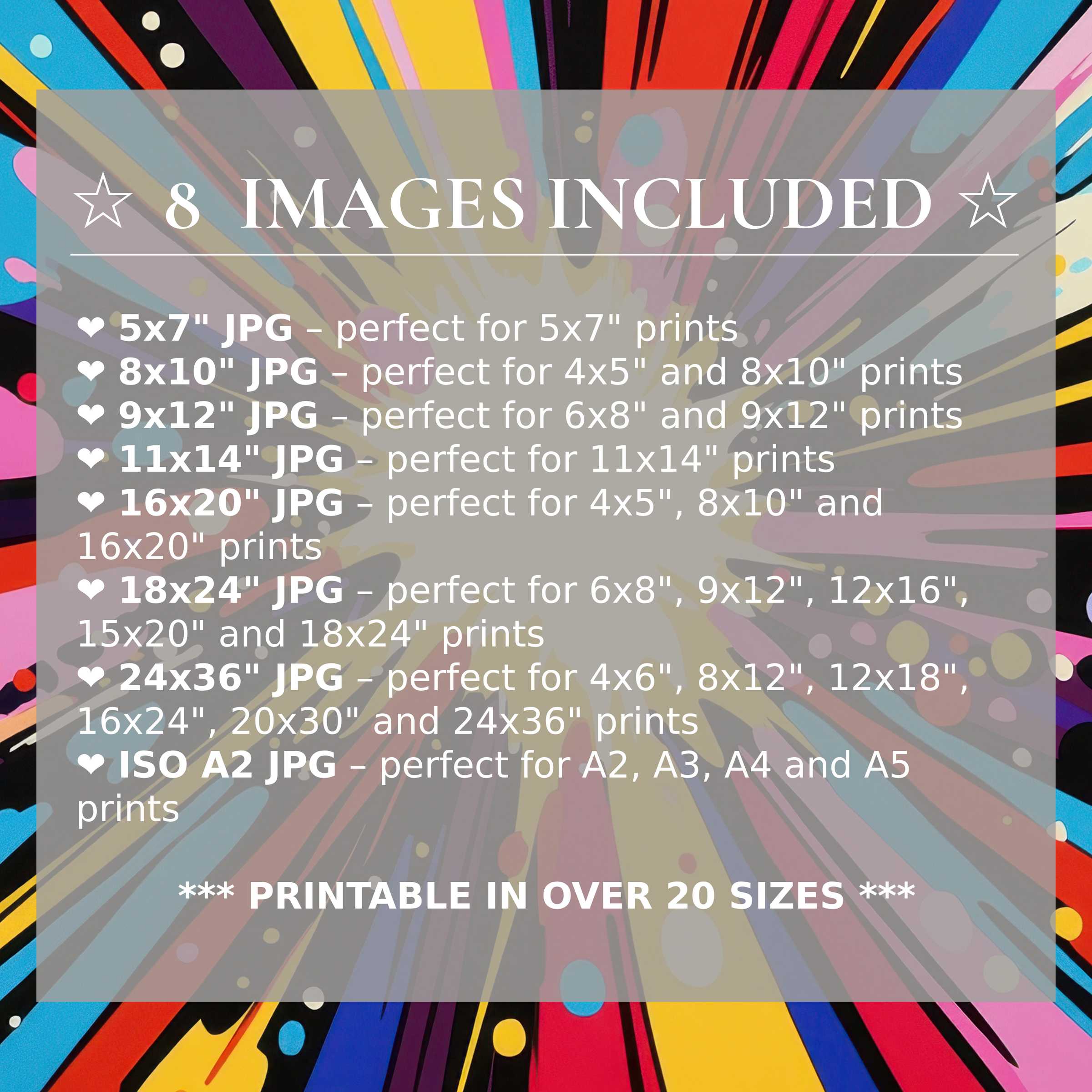 Vibrant pop art digital print bursting with bold reds, blues, yellows, and blacks, offered in 8 high-quality sizes for versatile, stylish modern interiors