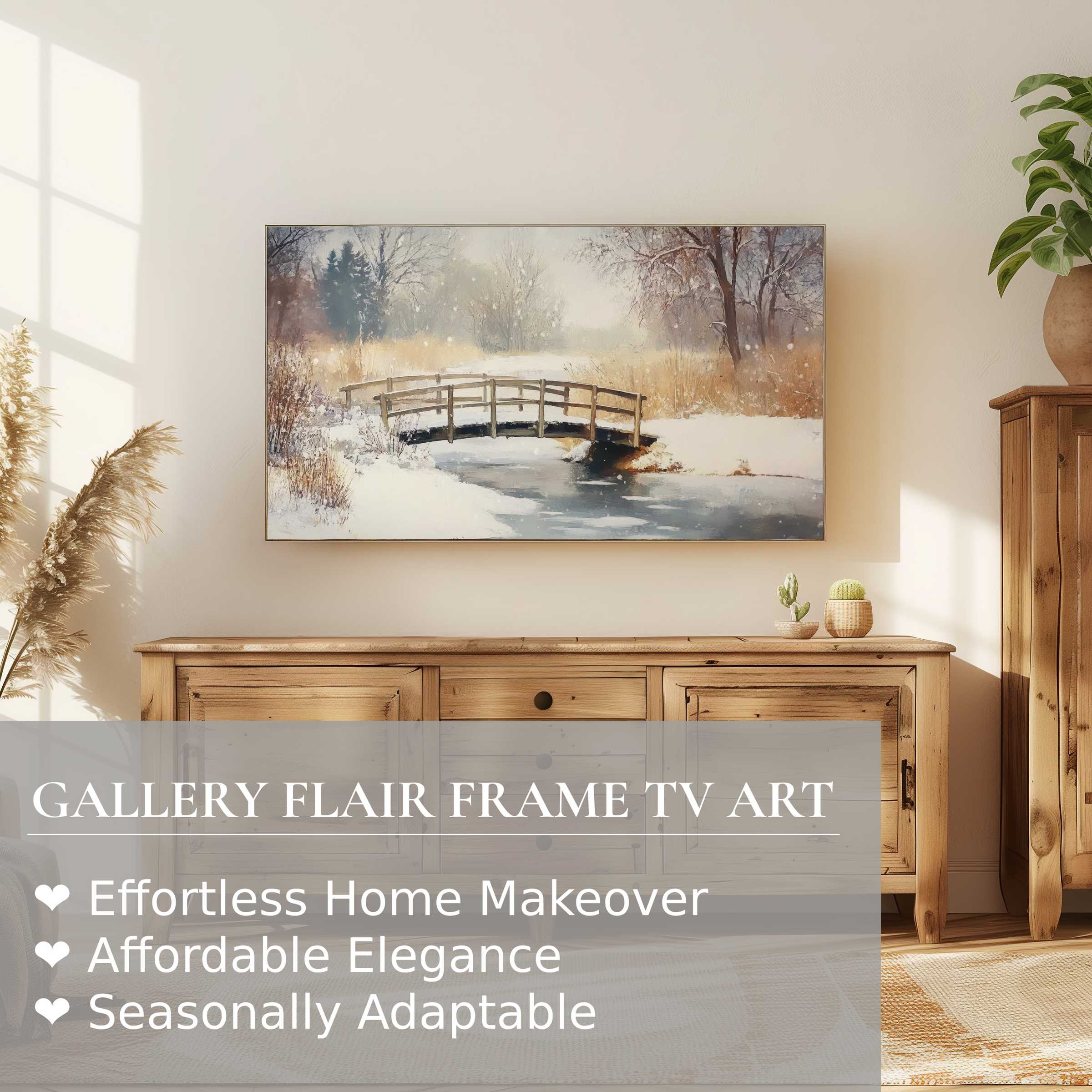 Samsung Frame TV displaying elegant winter digital artwork of a serene snowy bridge, perfect for refined decor