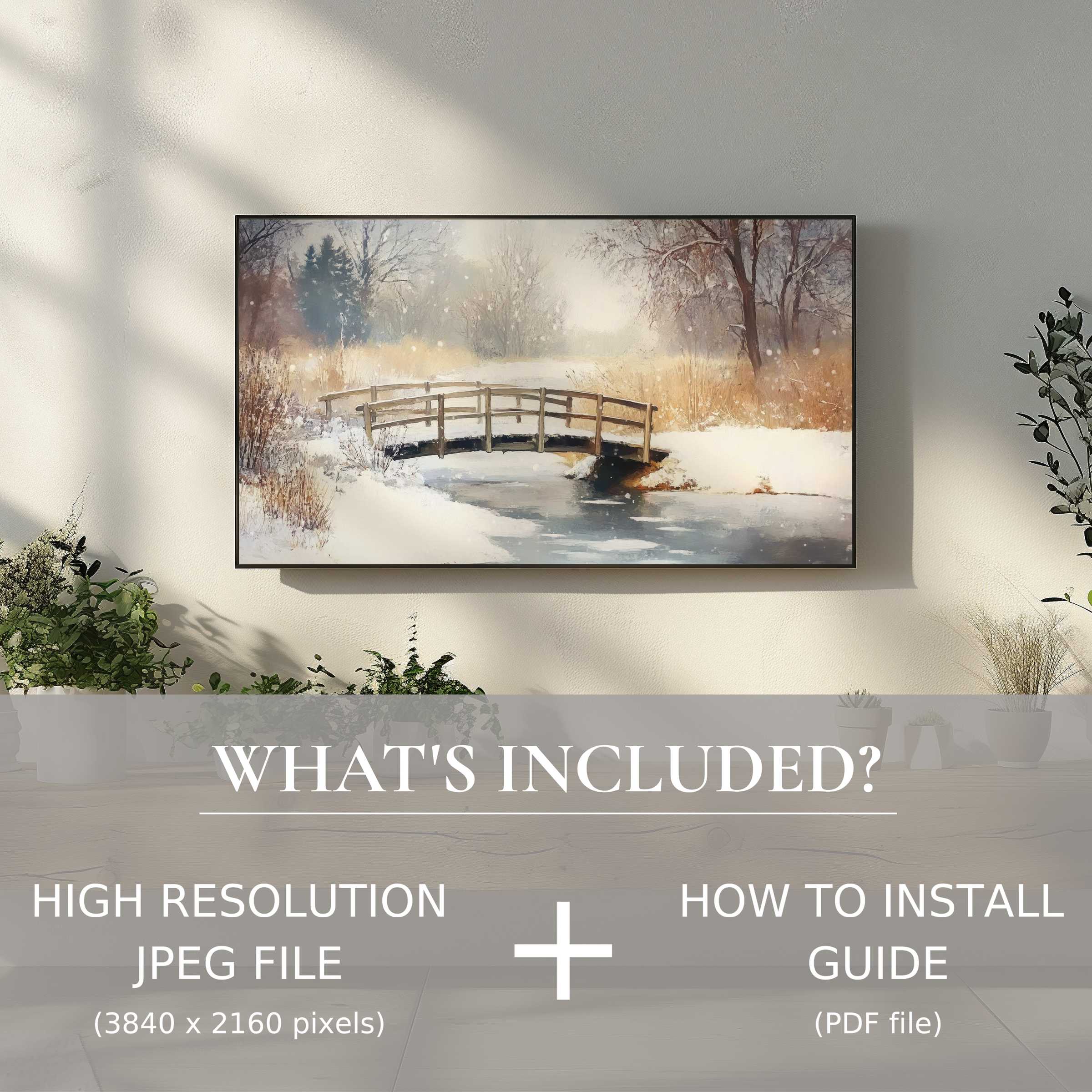 Elegant winter digital TV art download enhances serene living spaces with easy digital use and a peaceful snowy bridge scene