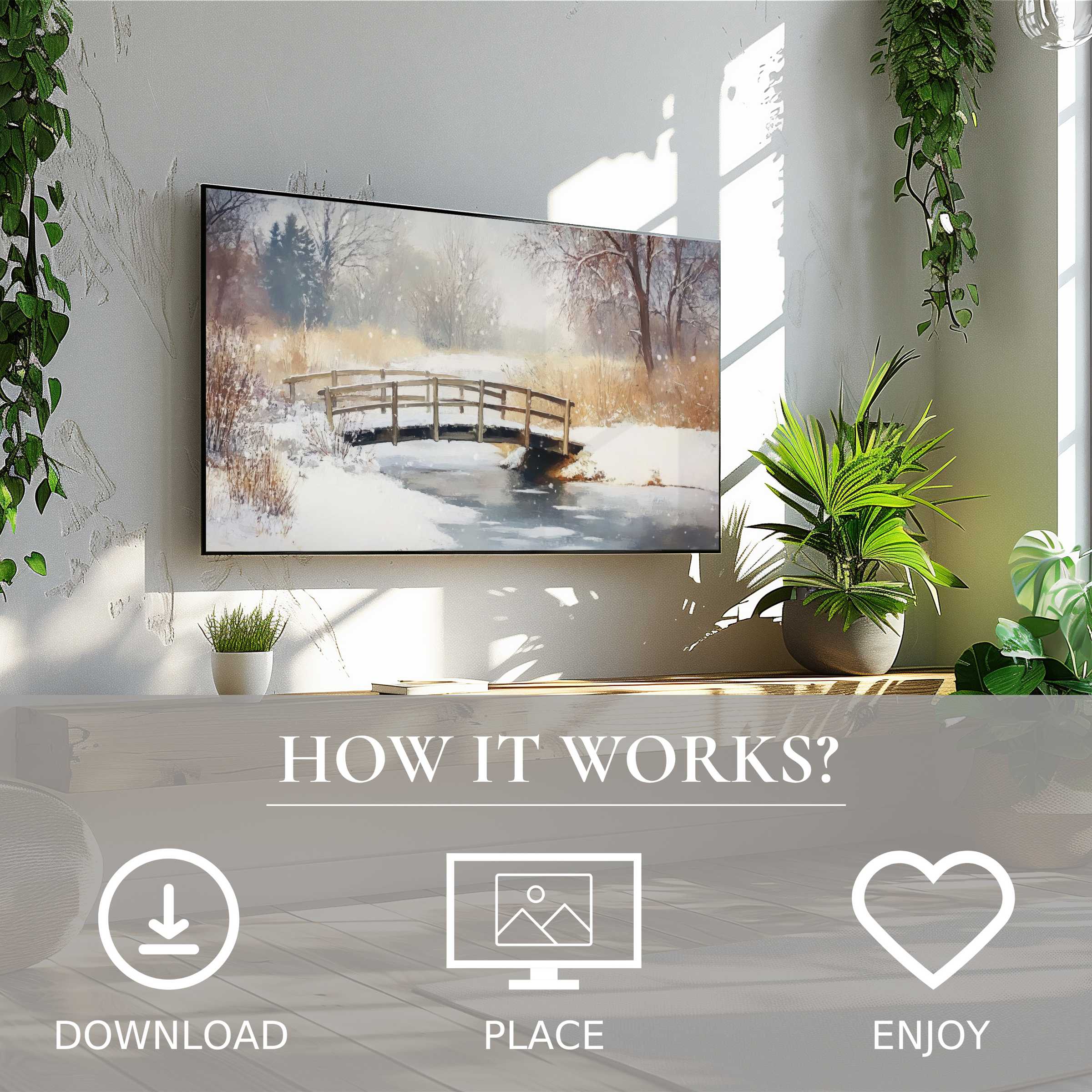 Winter art for Samsung TV shows a serene snowy bridge scene Easy digital download enriches modern living spaces