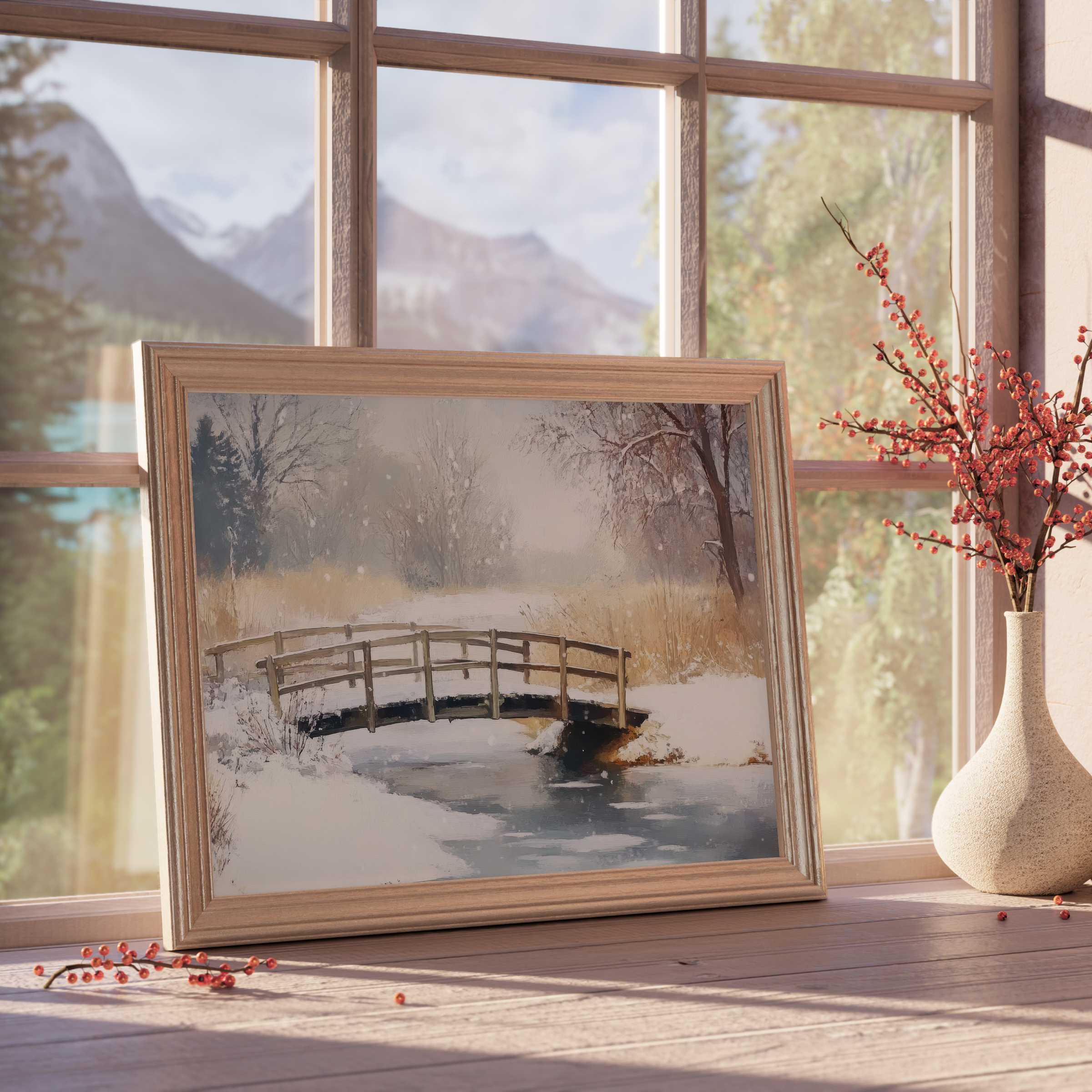 Winter downloadable art capturing a serene snow-covered bridge scene, perfect for tranquil, luxe interiors and cozy seasonal decor