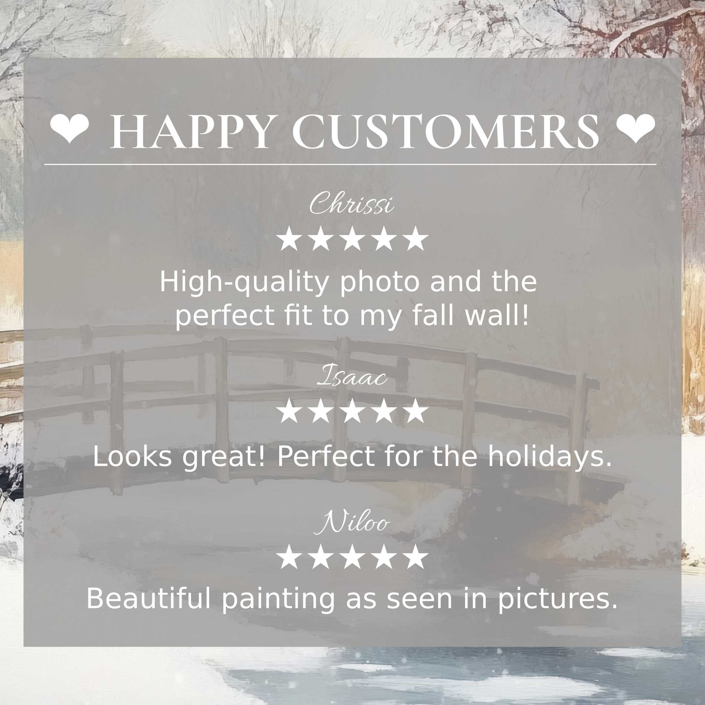 Refined winter art for Frame TV with abstract muted bridge scene, showcasing happy customer reviews and elegant trust-building layout