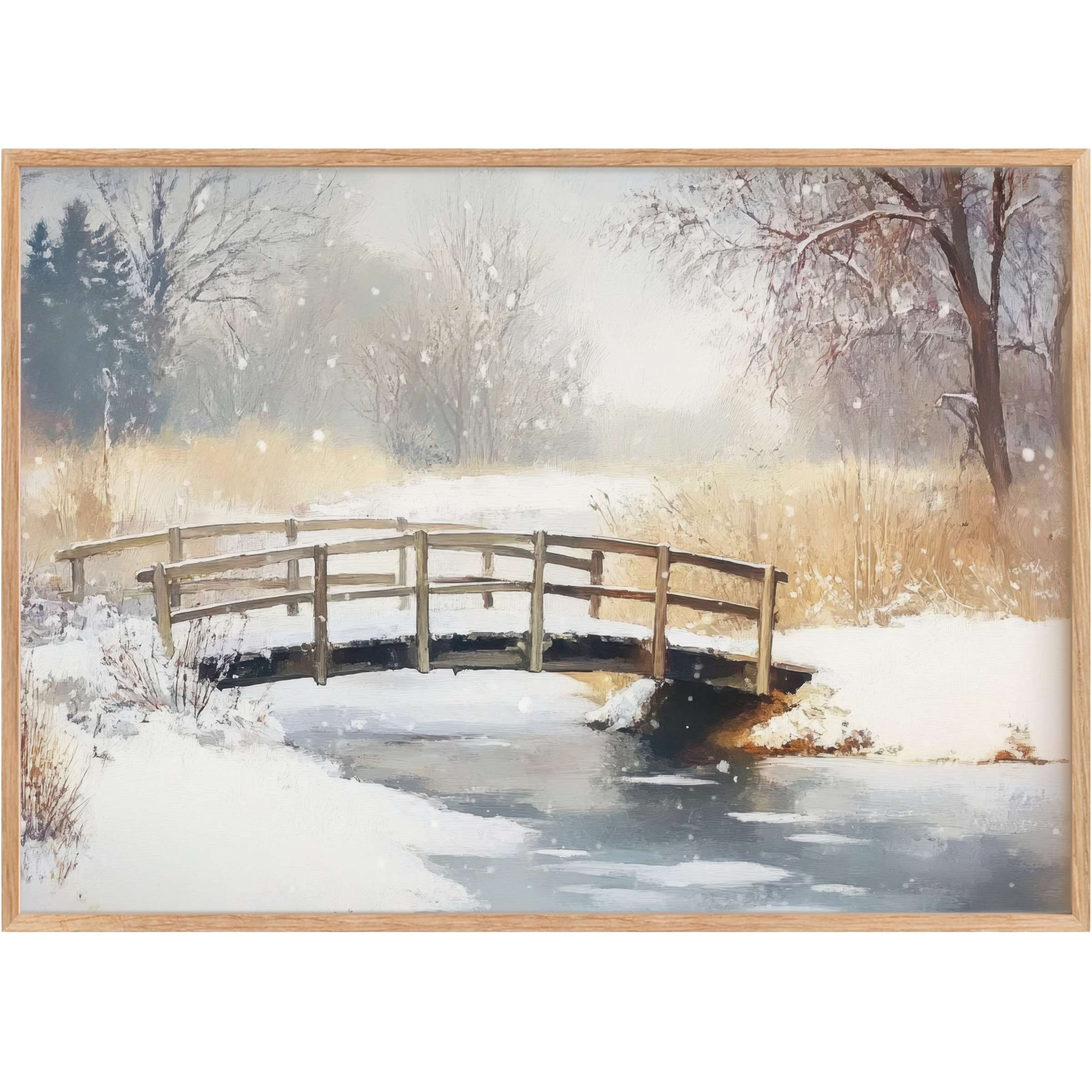 Winter printable wall art featuring a serene snow-covered bridge and icy stream, evoking a calming, tranquil atmosphere with soft whites and muted earth tones