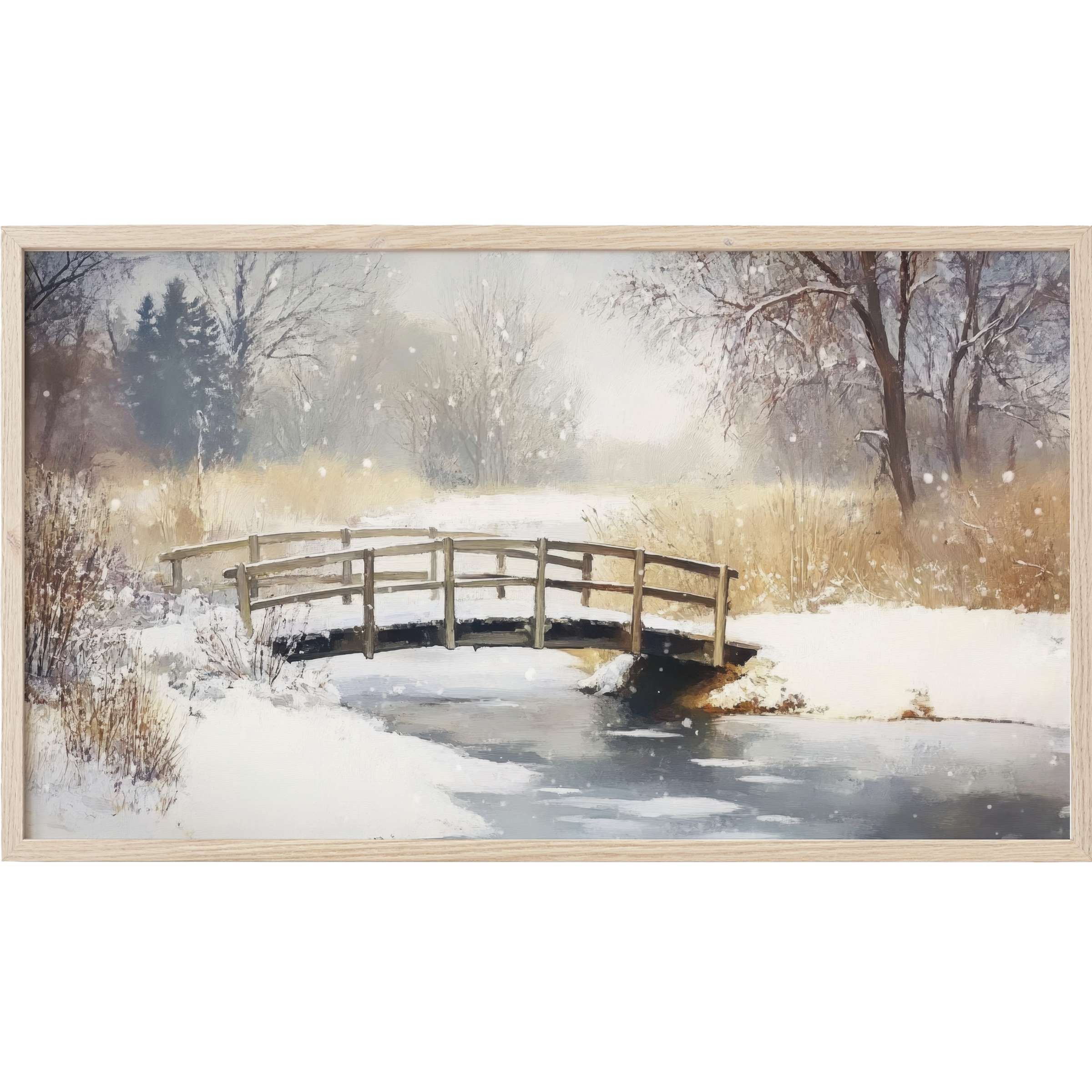 Winter Frame TV Art depicting a serene snow-covered bridge over a partially frozen stream in soft, muted tones