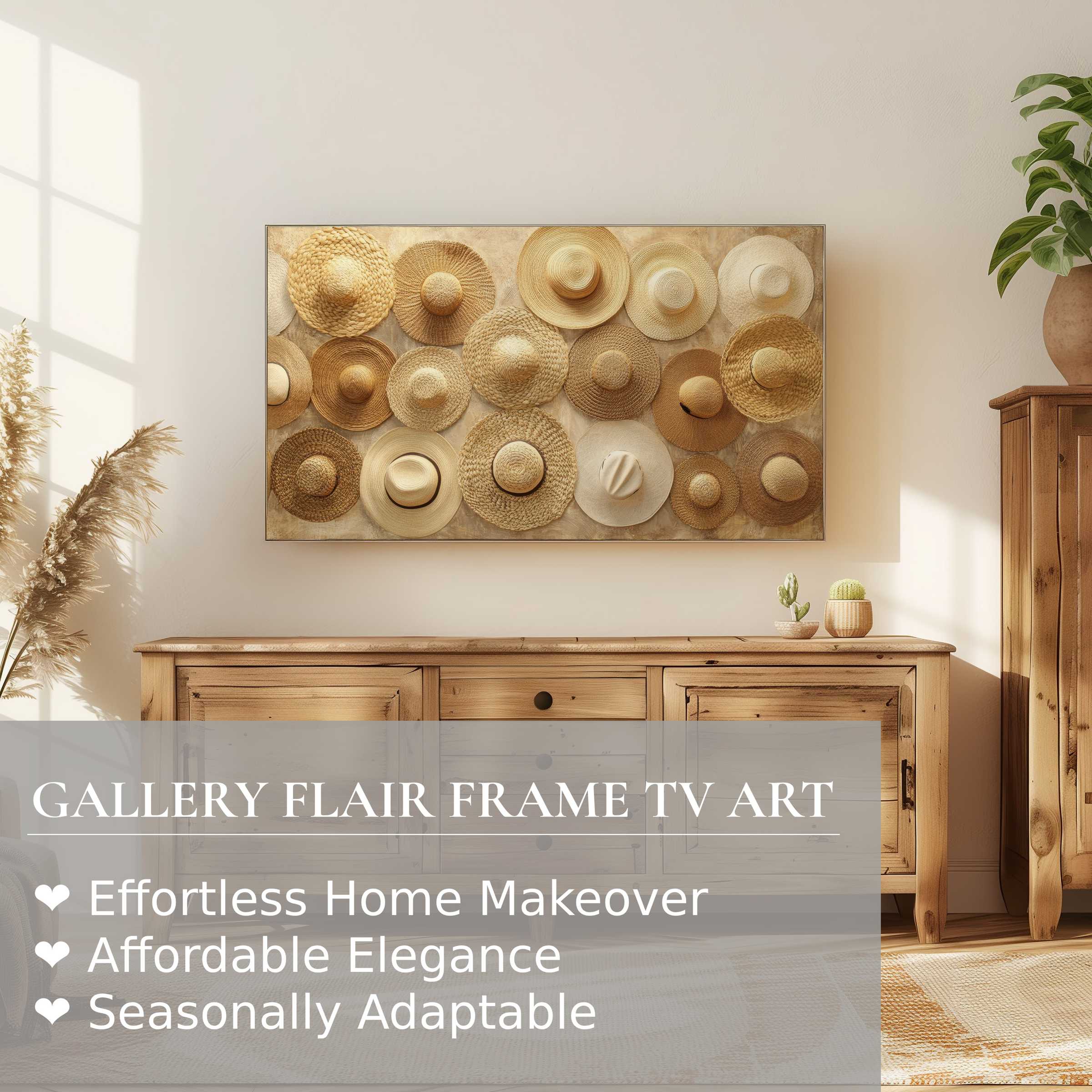 Samsung Frame TV displaying boho digital artwork of woven natural hats in a warm, elegant living space