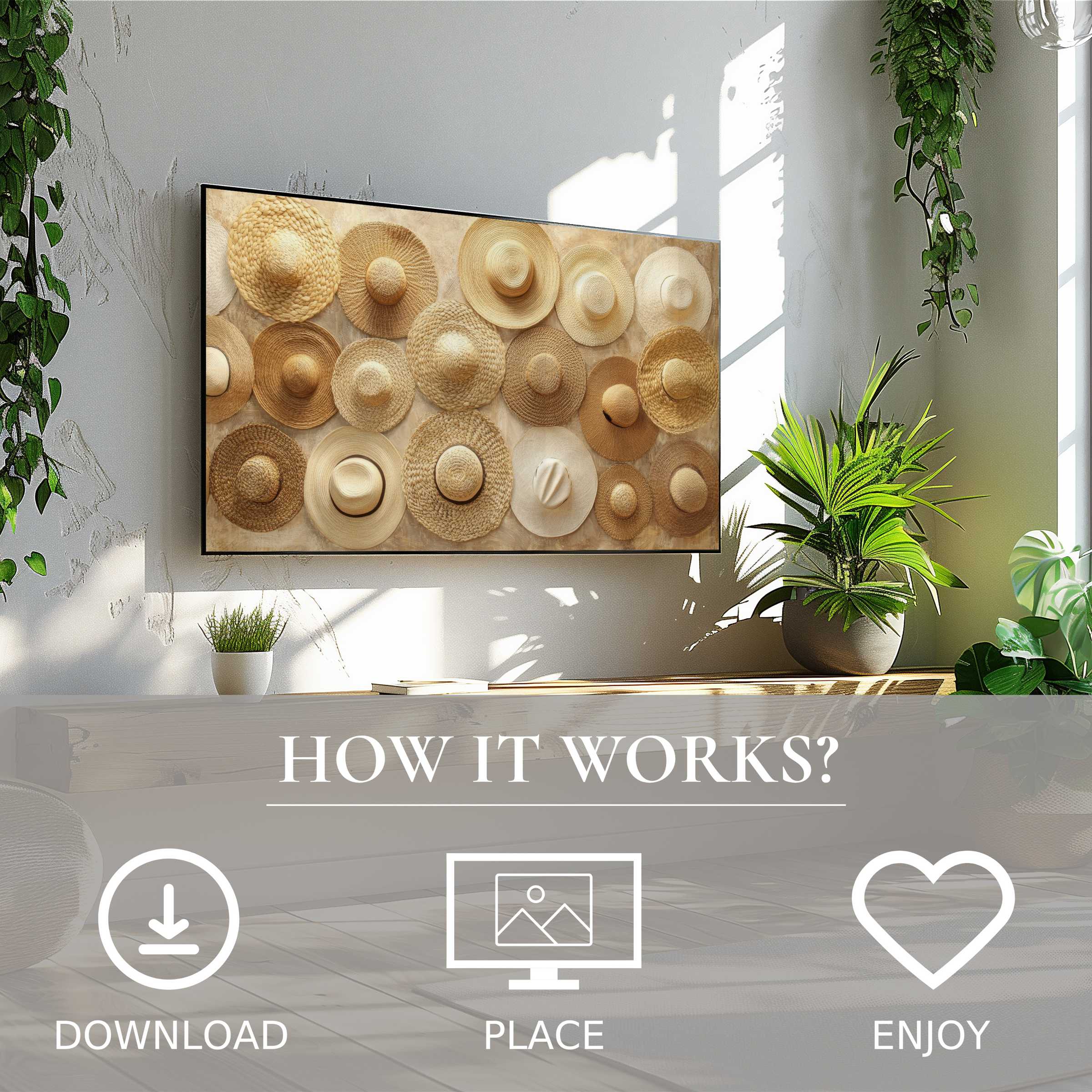 Boho art for Samsung TV features natural straw hat motif in warm tones, easy digital download enriches your modern living space