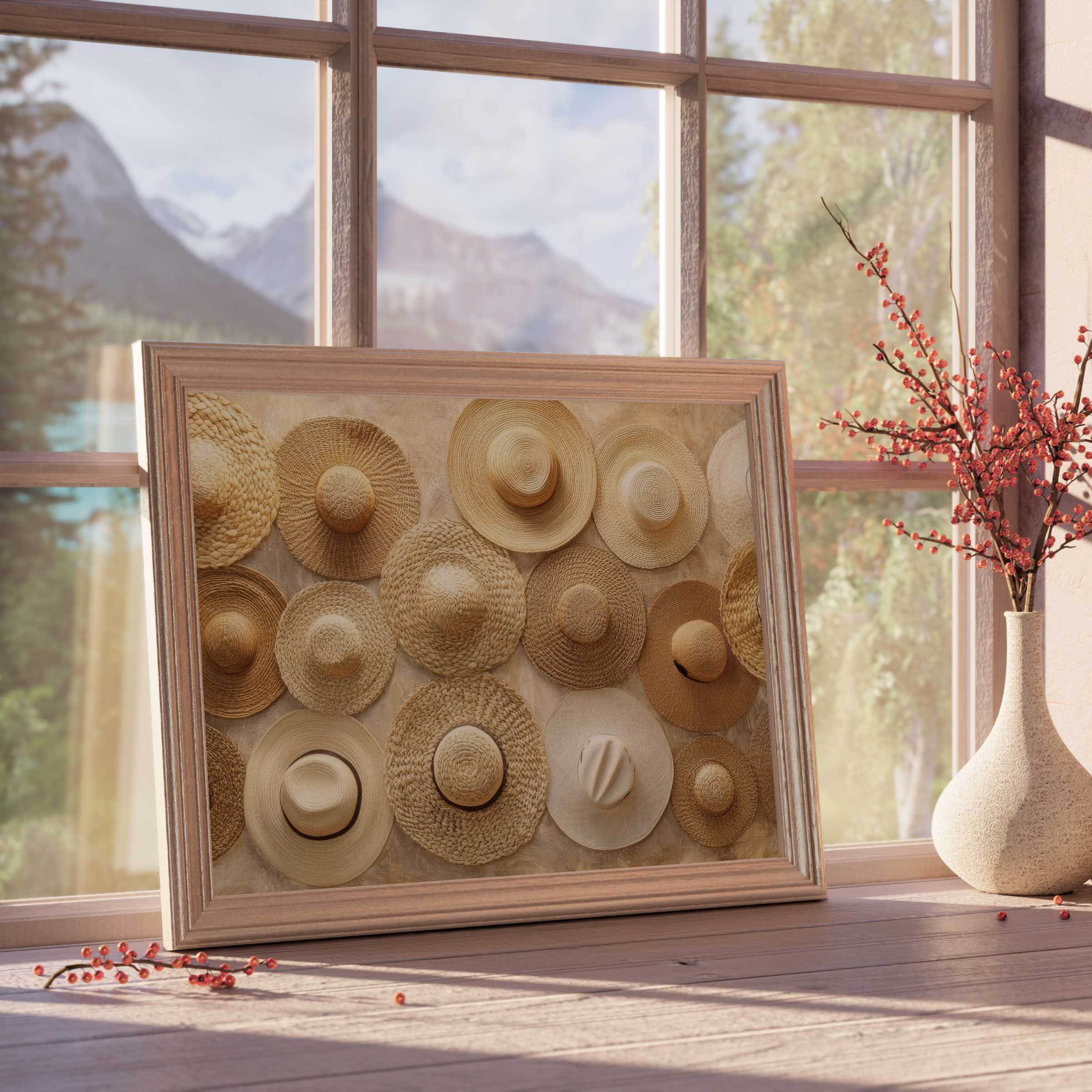 Boho downloadable art featuring textured straw hats in warm earthy tones, perfect for curated, tranquil stylish interiors