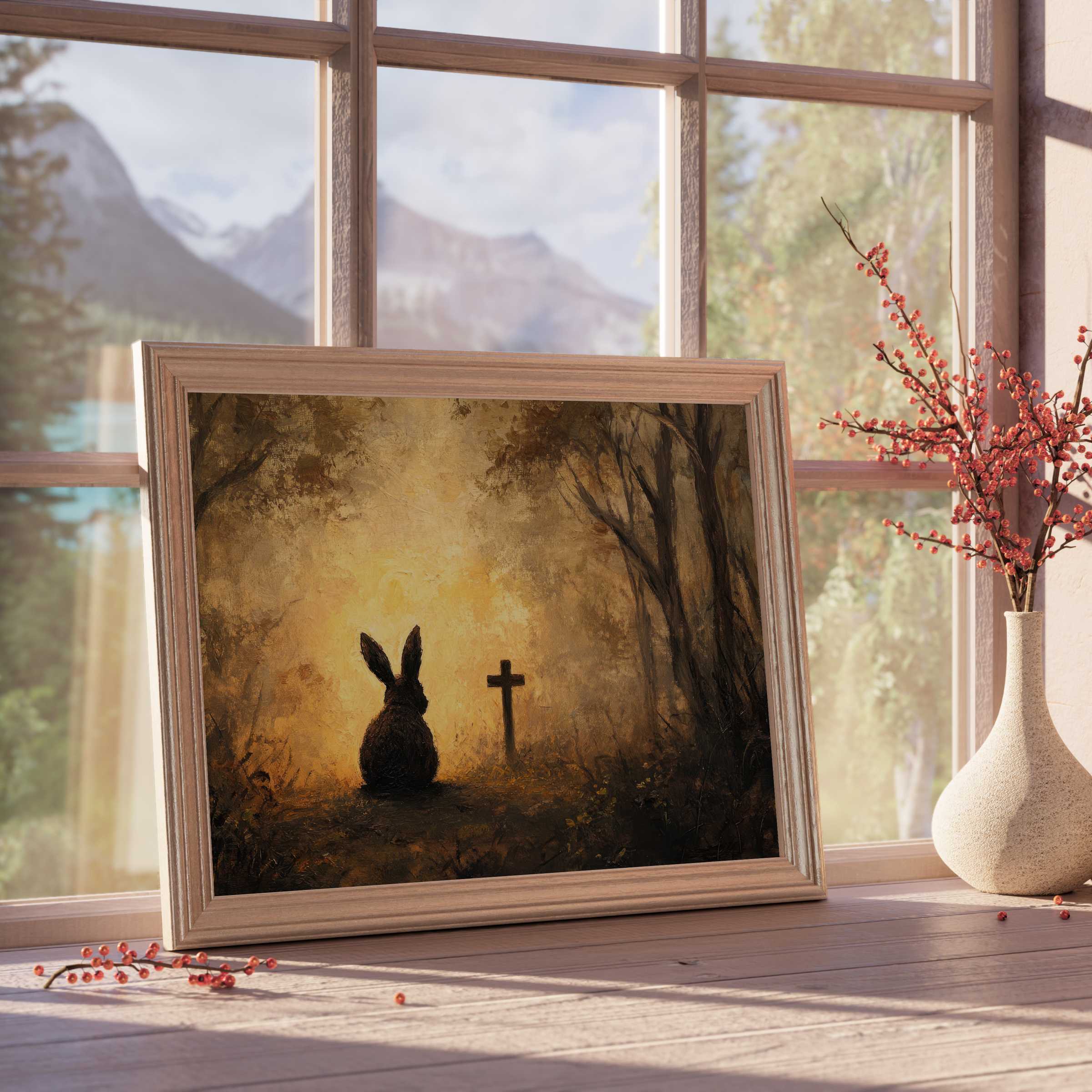 Easter downloadable art capturing serene twilight with a contemplative bunny by a cross, perfect for tranquil, curated interiors