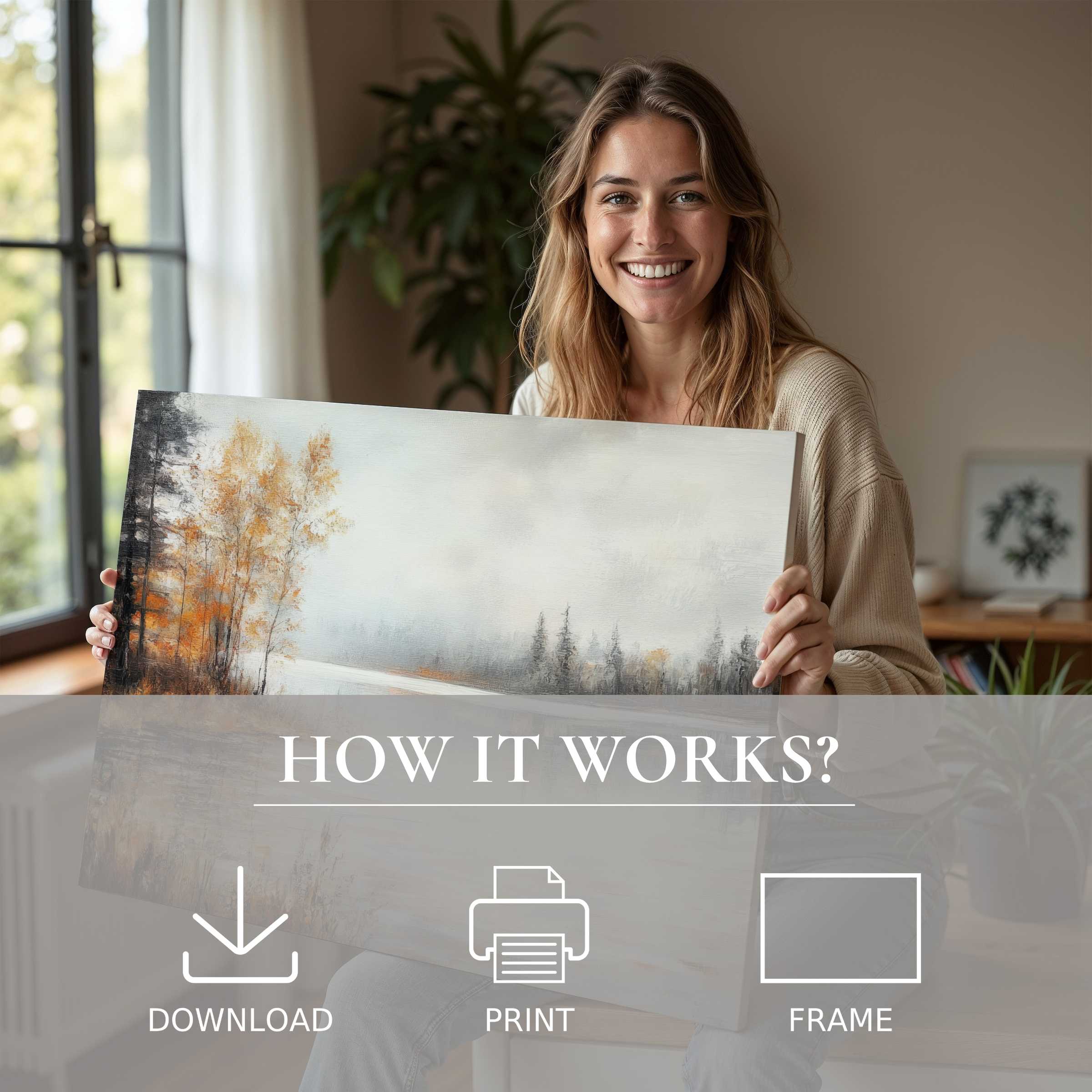 A serene moment in a modern home, where fall digital art print brings warmth and joy, enriching everyday living spaces